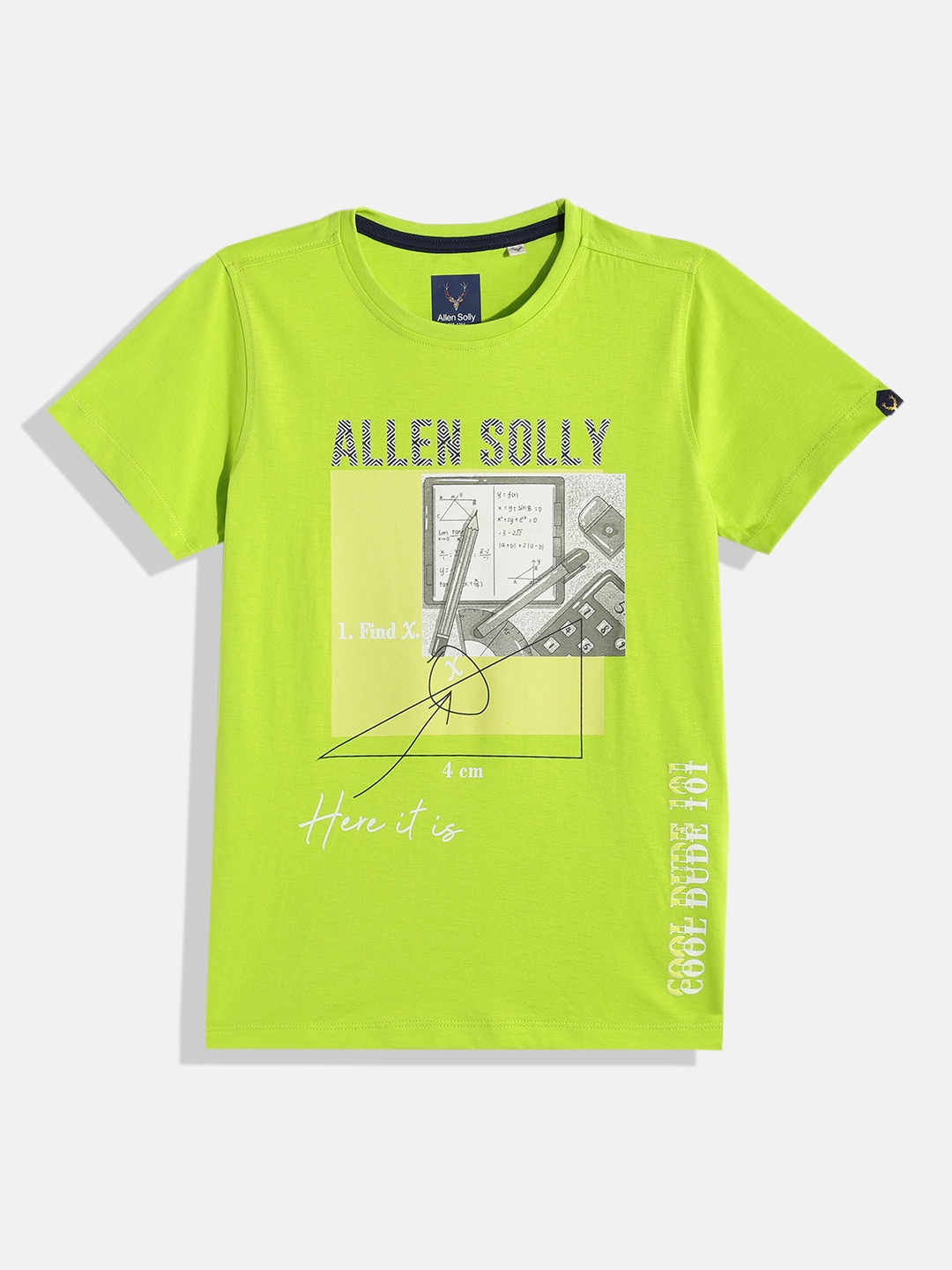 

Allen Solly Junior Boys Fluorescent Green Brand Logo Printed Pure Cotton T-shirt