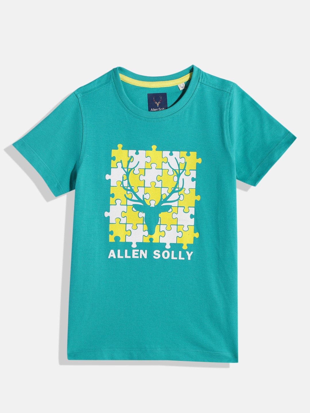 

Allen Solly Junior Boys Brand Logo & Geometric Print Knitted Pure Cotton T-shirt, Green