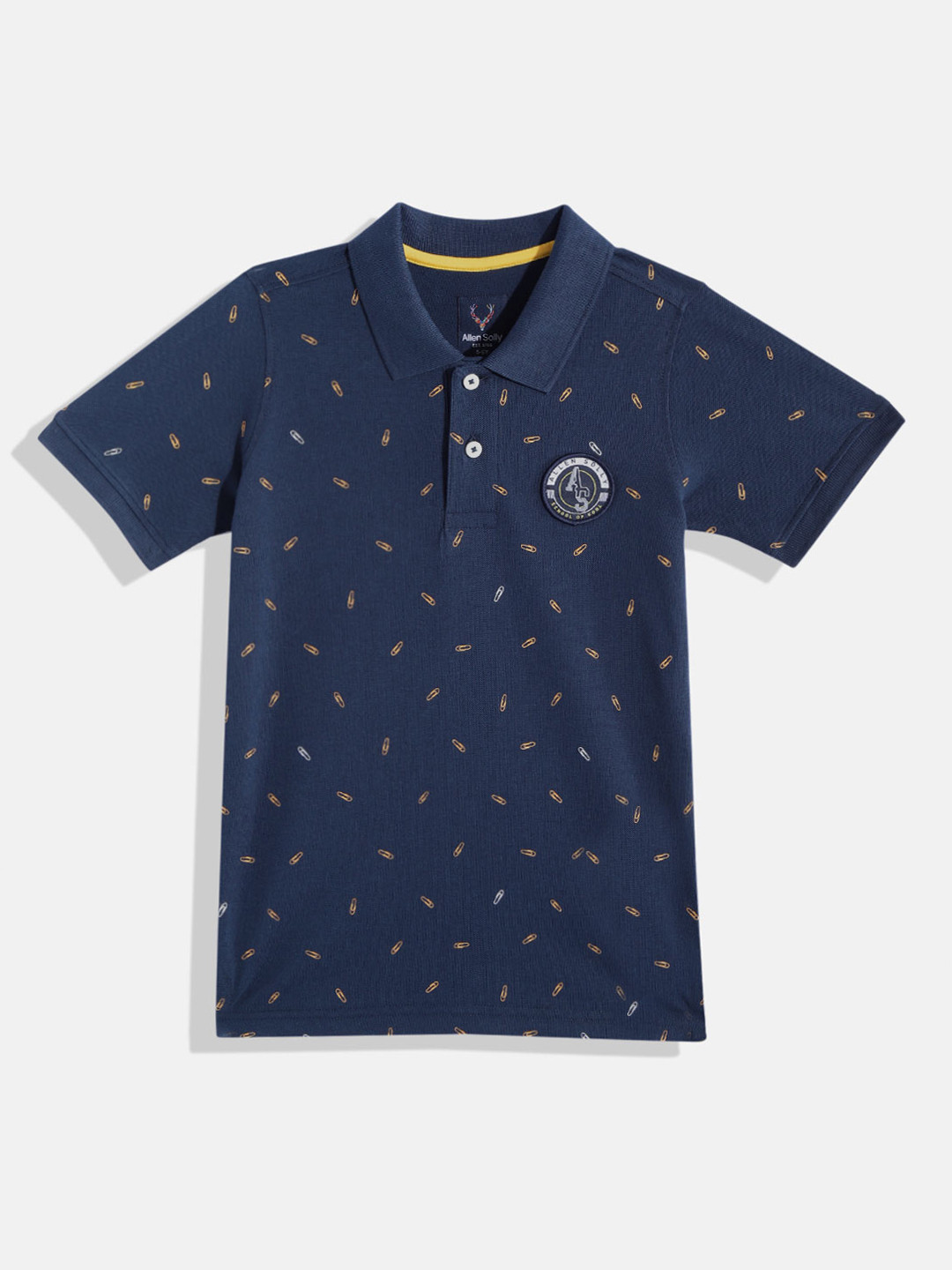 

Allen Solly Junior Boys Blue & Yellow Printed Polo Collar Pure Cotton Applique T-shirt