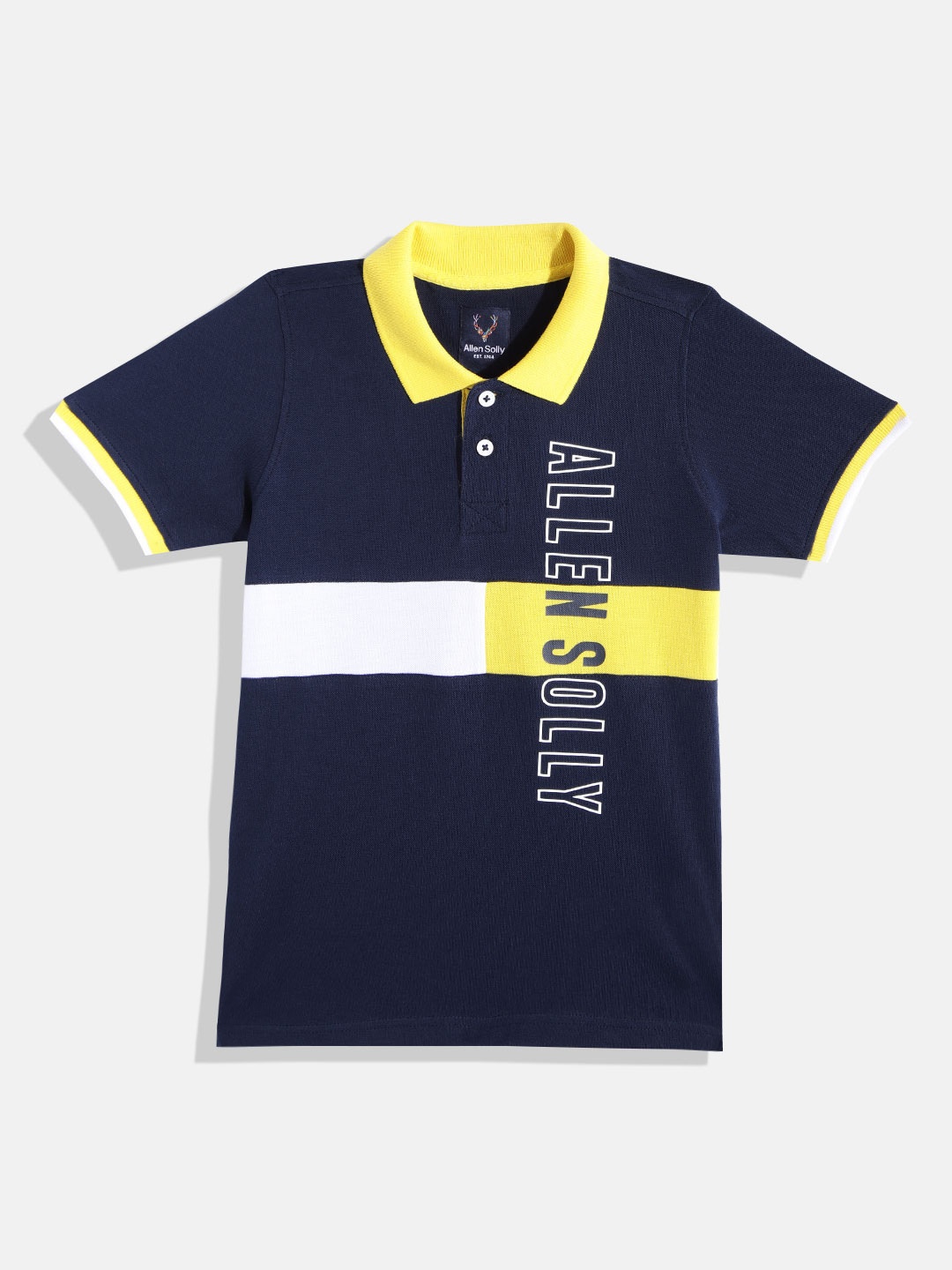 

Allen Solly Junior Boys Navy Blue & Yellow Pure Cotton Striped Polo Collar T-shirt