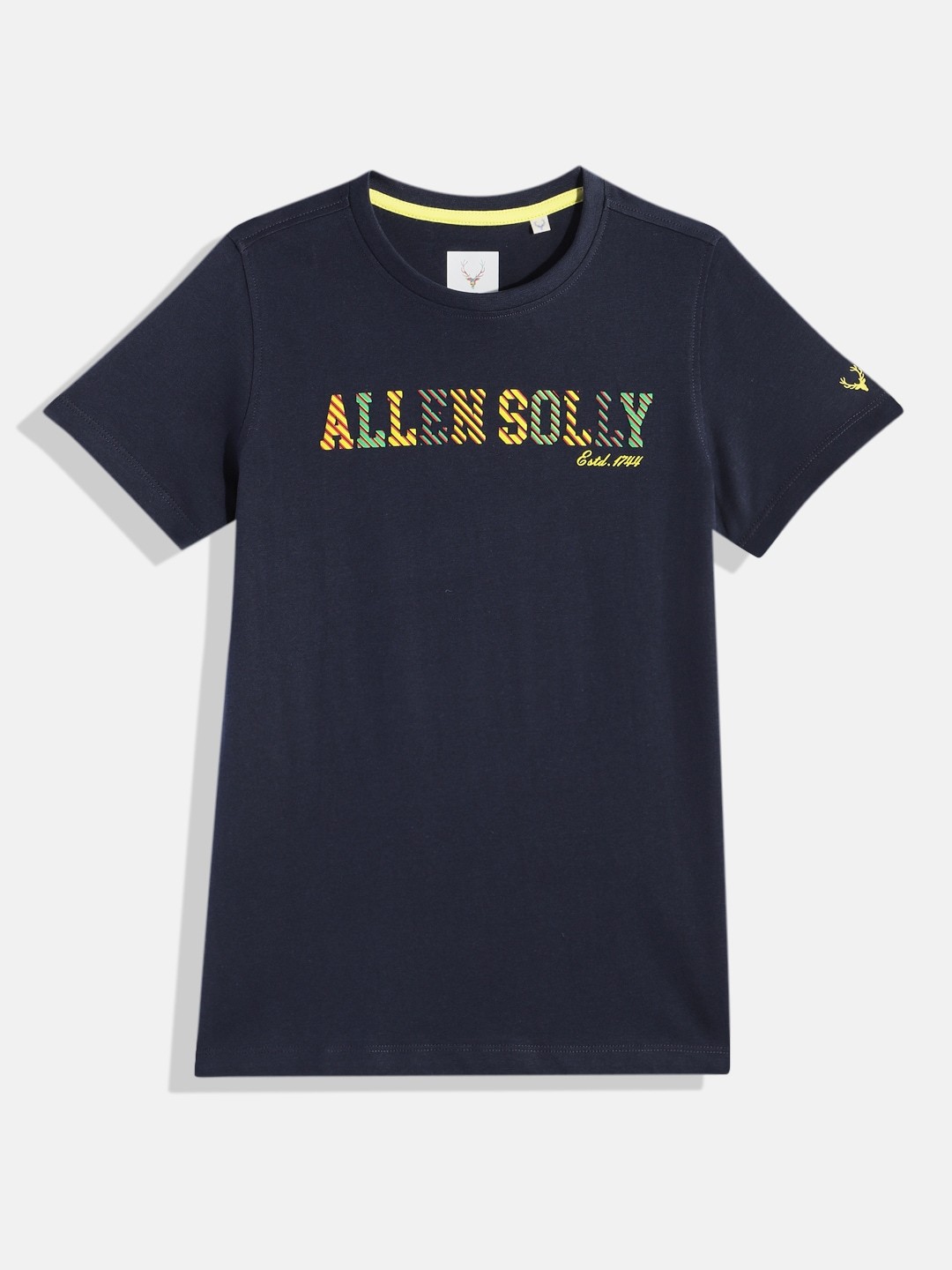 

Allen Solly Junior Boys Navy Blue Brand Logo Printed Pure Cotton T-shirt