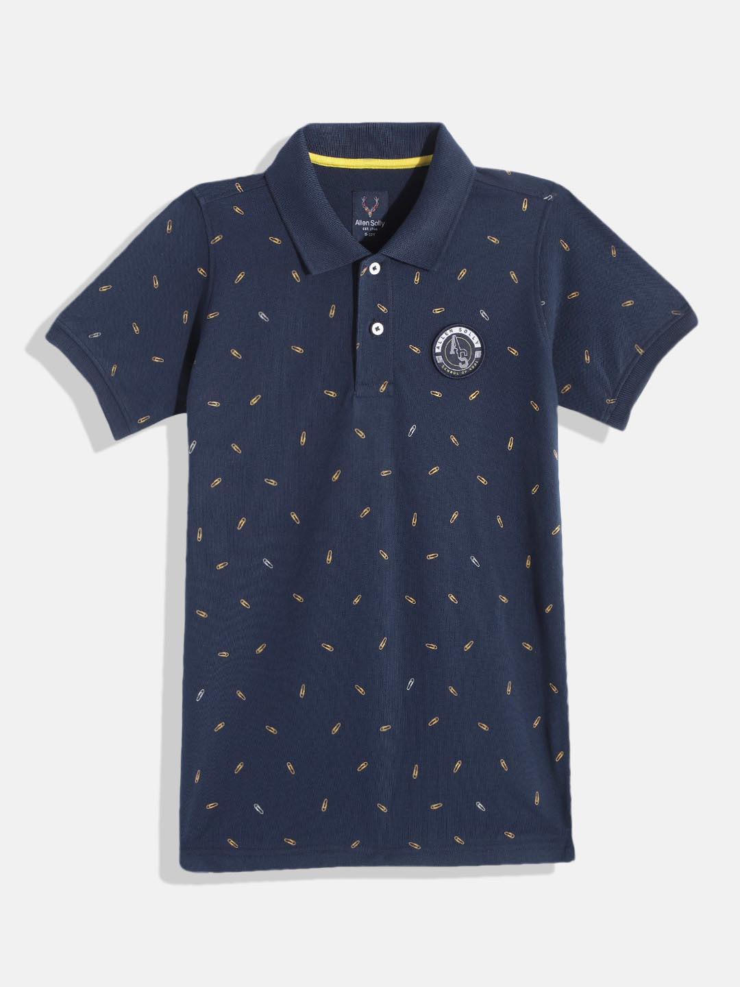

Allen Solly Junior Boys Navy Blue Cotton Geometric Paper Clip Print Polo Collar T-shirt