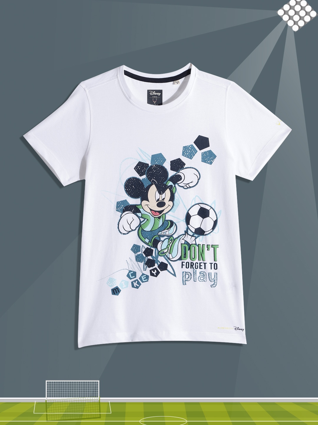 

Allen Solly Junior Boys White & Navy Blue Mickey Mouse Printed Pure Cotton T-shirt