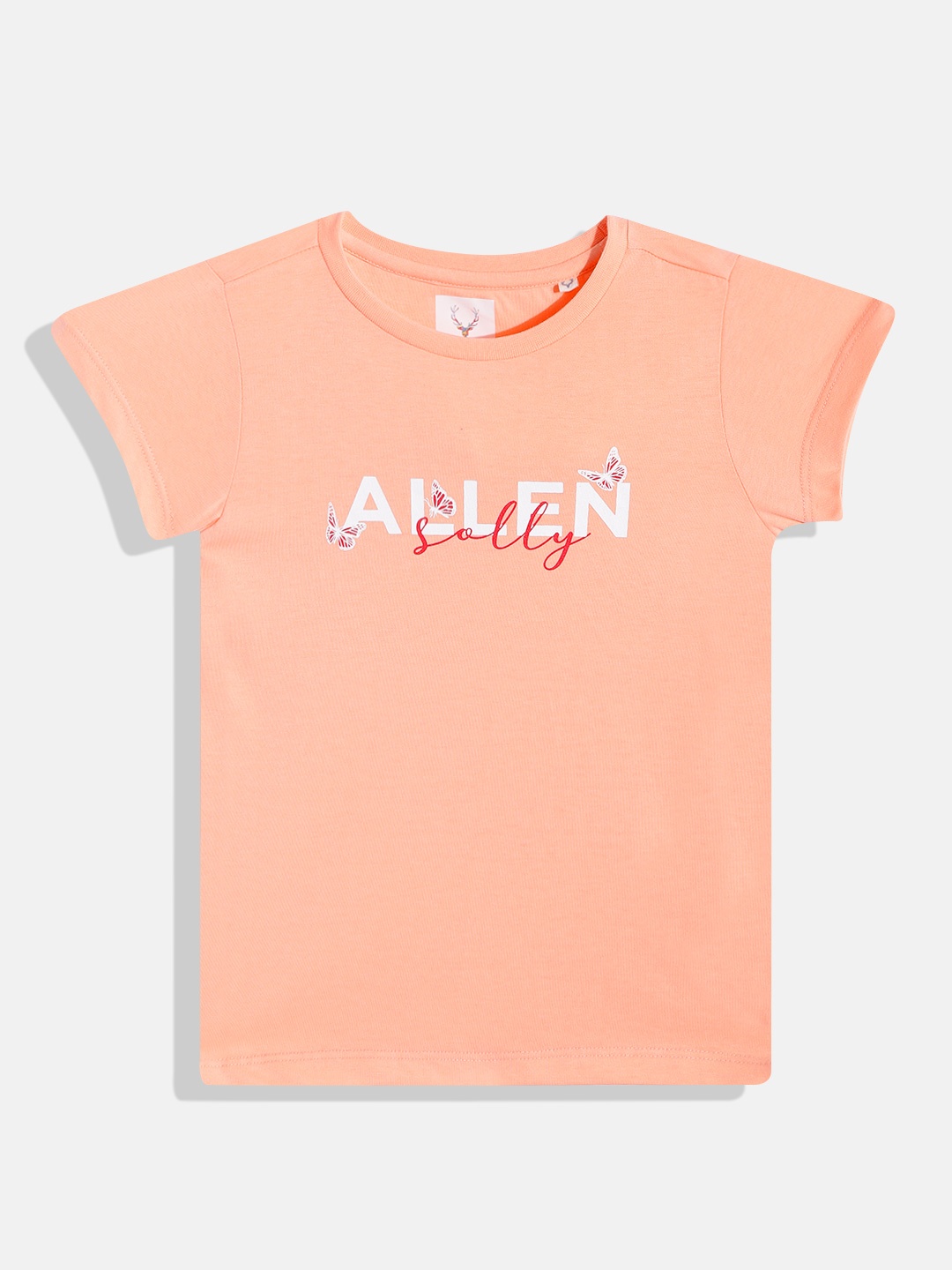 

Allen Solly Junior Girls Peach-Coloured & White Typography Printed T-shirt