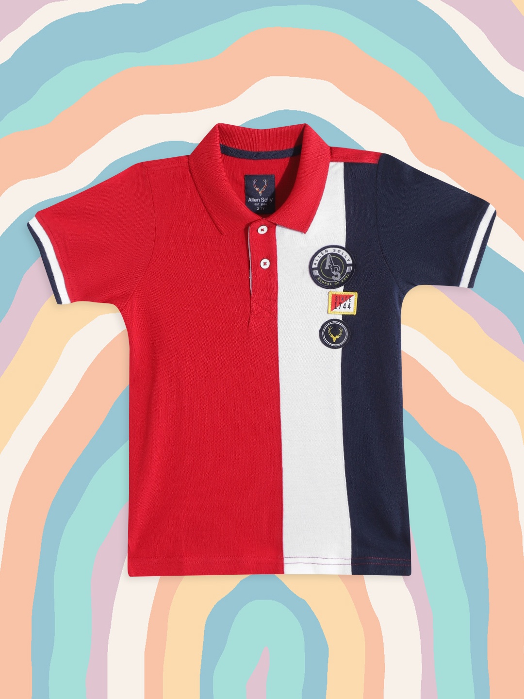 

Allen Solly Junior Boys Red & White Colourblocked Polo Collar Applique Cotton T-shirt