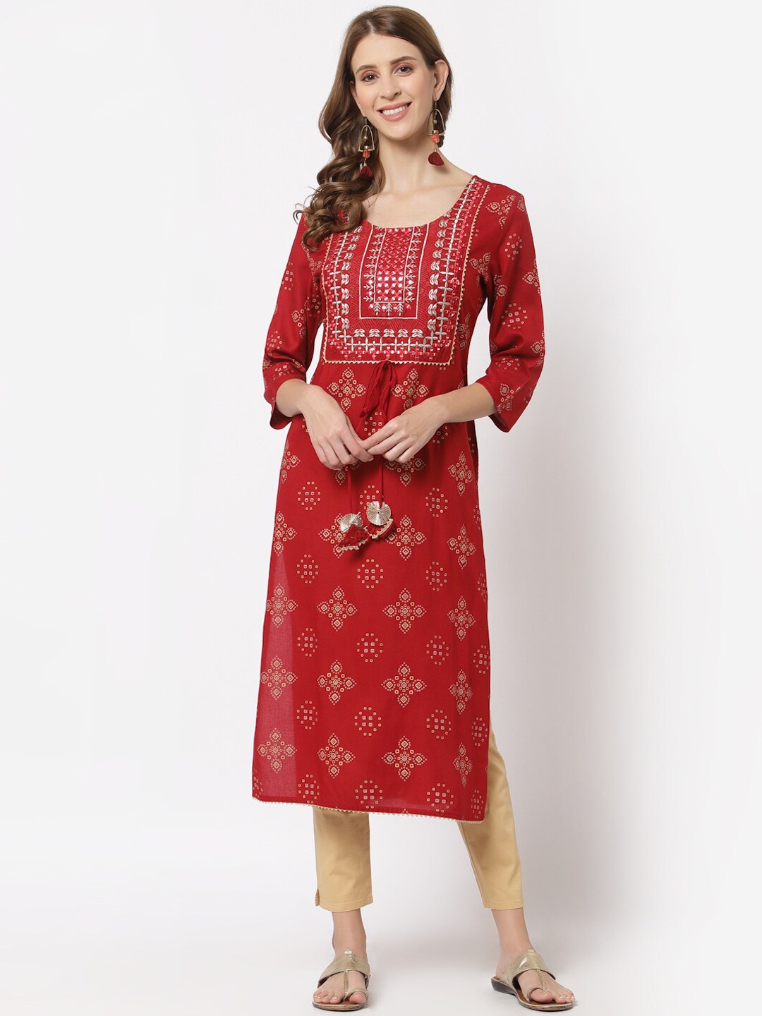 

YELLOW CLOUD Women Red Floral Printed Mirror Work Kurta