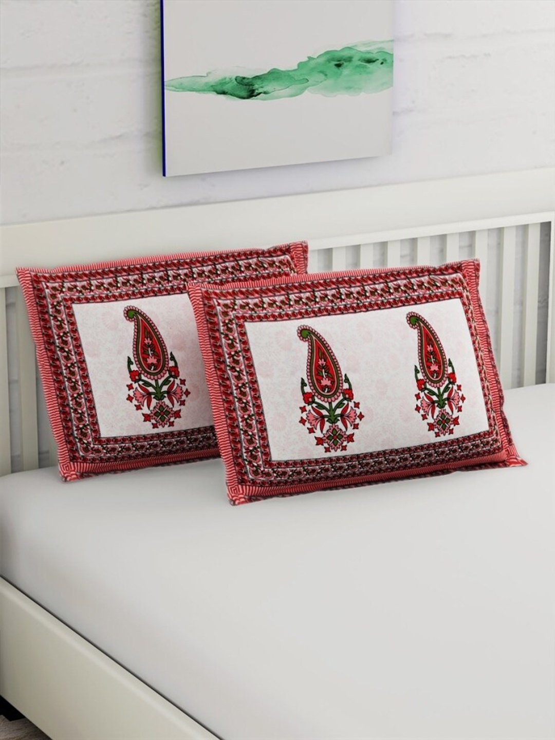 Salona Bichona Set Of 2 Coral Printed 120TC Pillow Covers