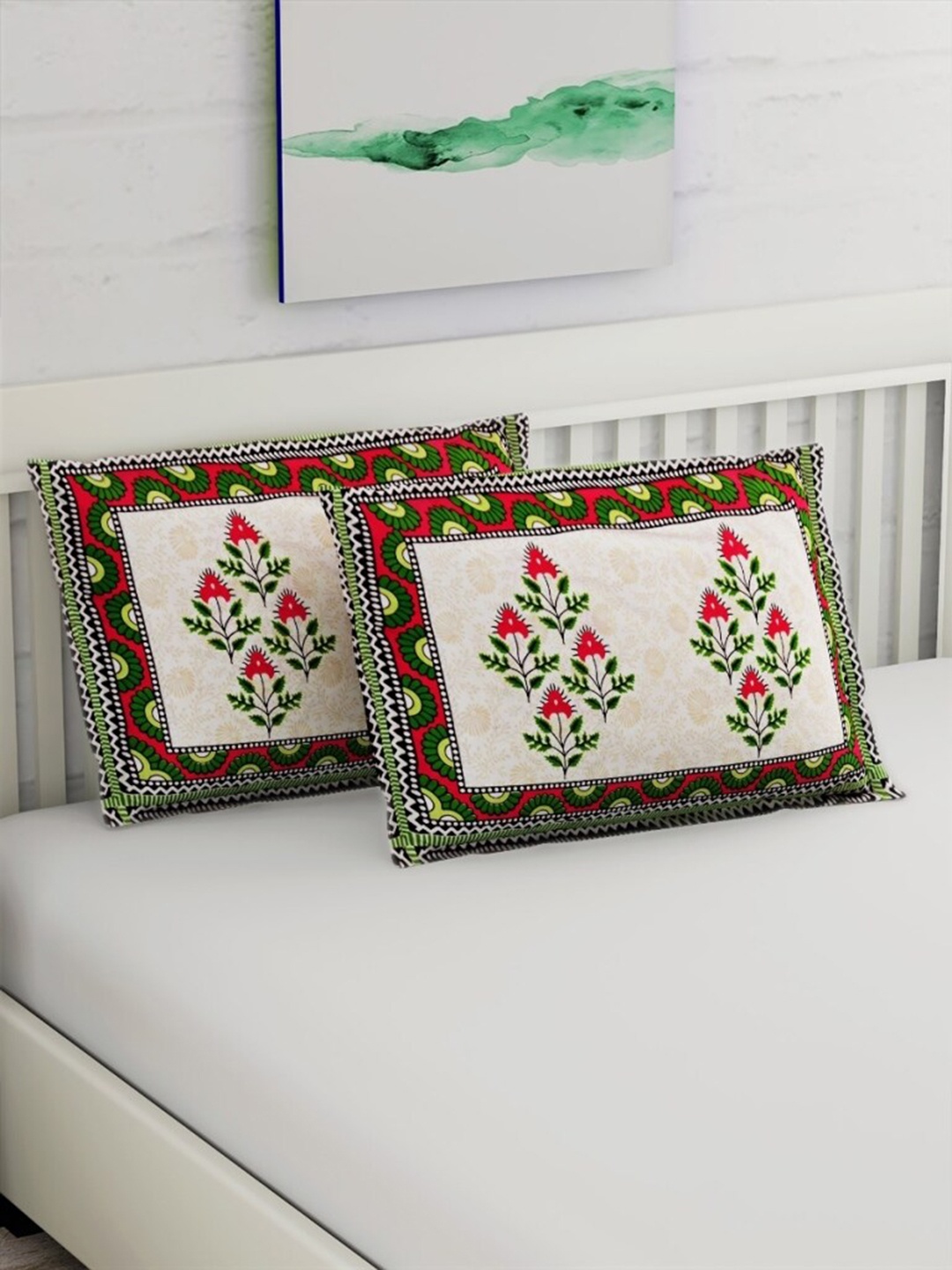 

Salona Bichona Green Printed 120 TC Pure Cotton Pillow Covers