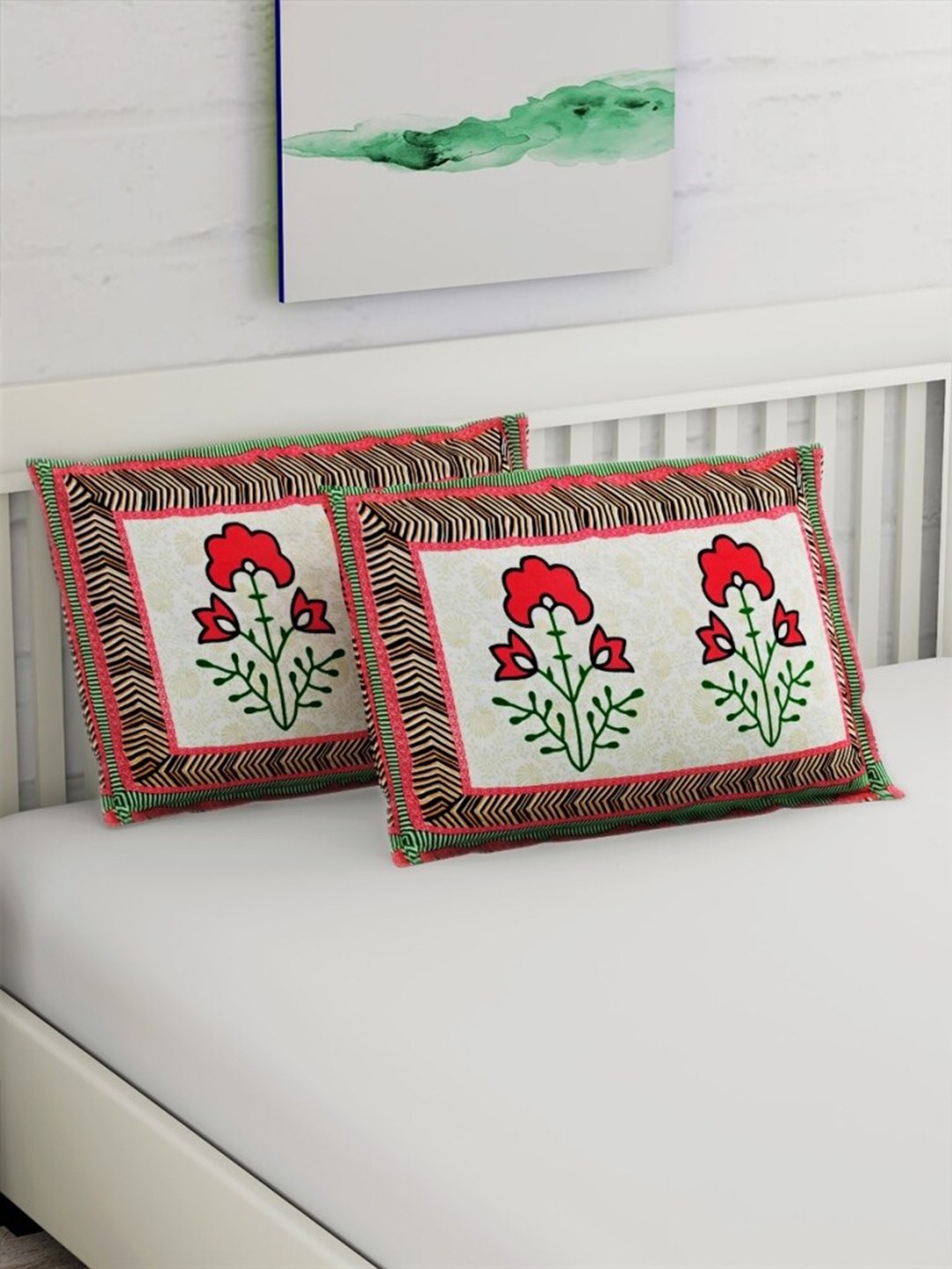 

Salona Bichona Set Of 2 Green Printed 120 TC Pure Cotton Pillow Covers