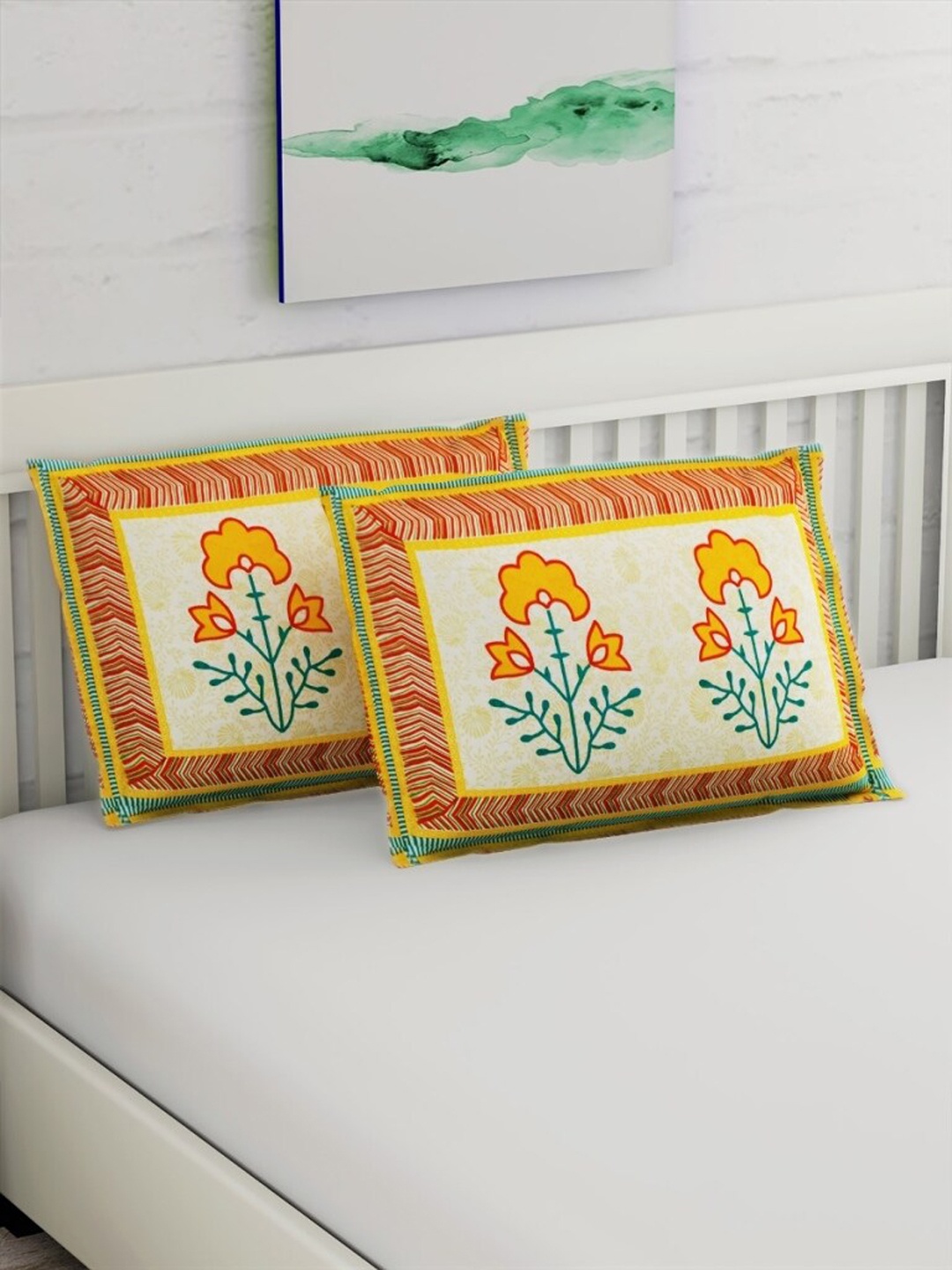 

Salona Bichona Set Of 2 Yellow Abstract Printed 120 TC Cotton Pillow Covers