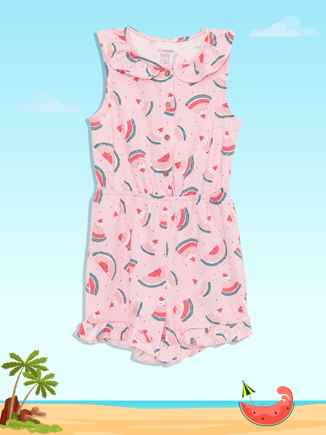 

LC Waikiki Girls Pink & Green Conversational Printed Jumpsuit