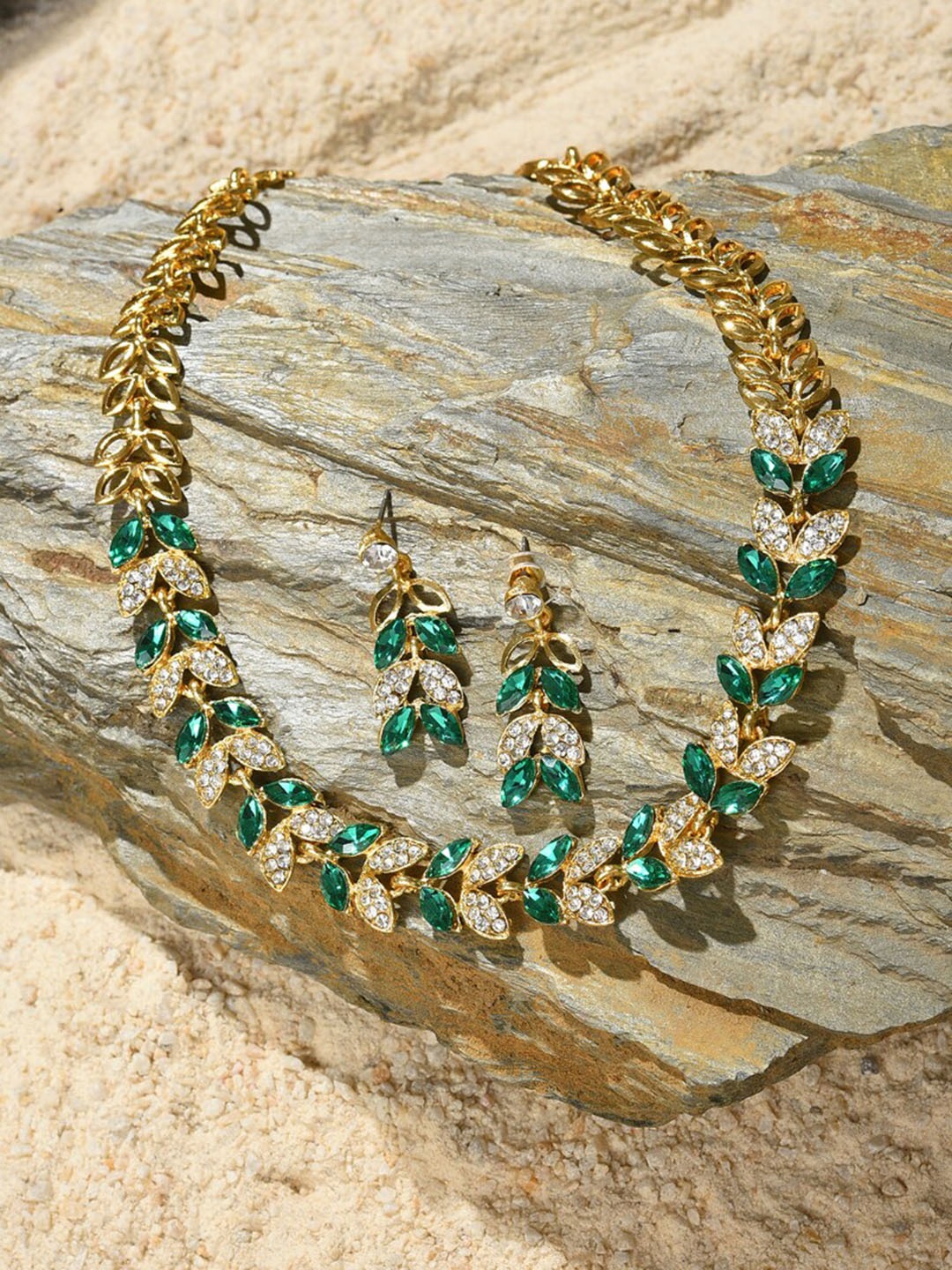 

SOHI Gold-Plated White & Green Stone Studded Jewellery Set