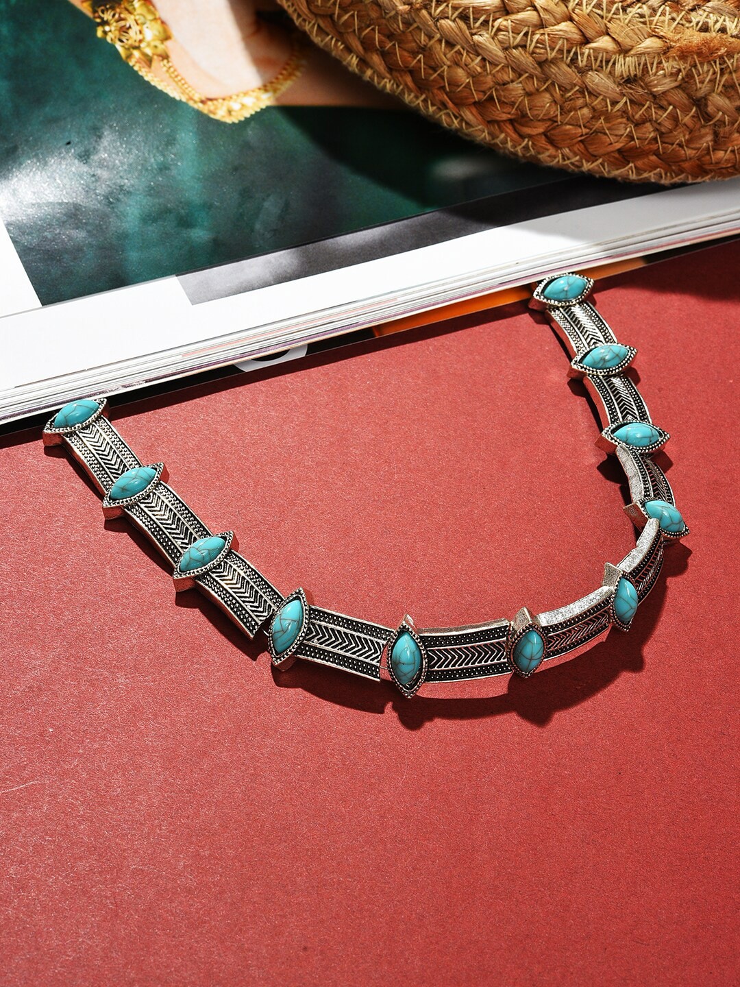 

SOHI Silver-Toned & Blue Silver-Plated Necklace