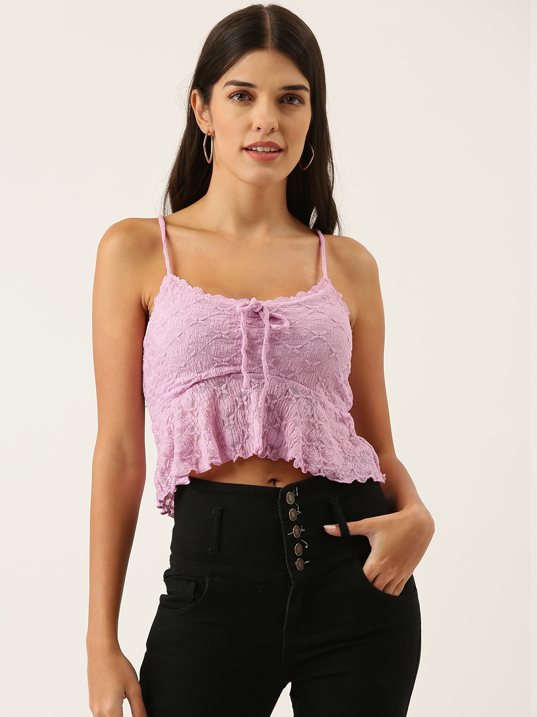 

FOREVER 21 Lavender Self Design Shoulder Strap Crop Top