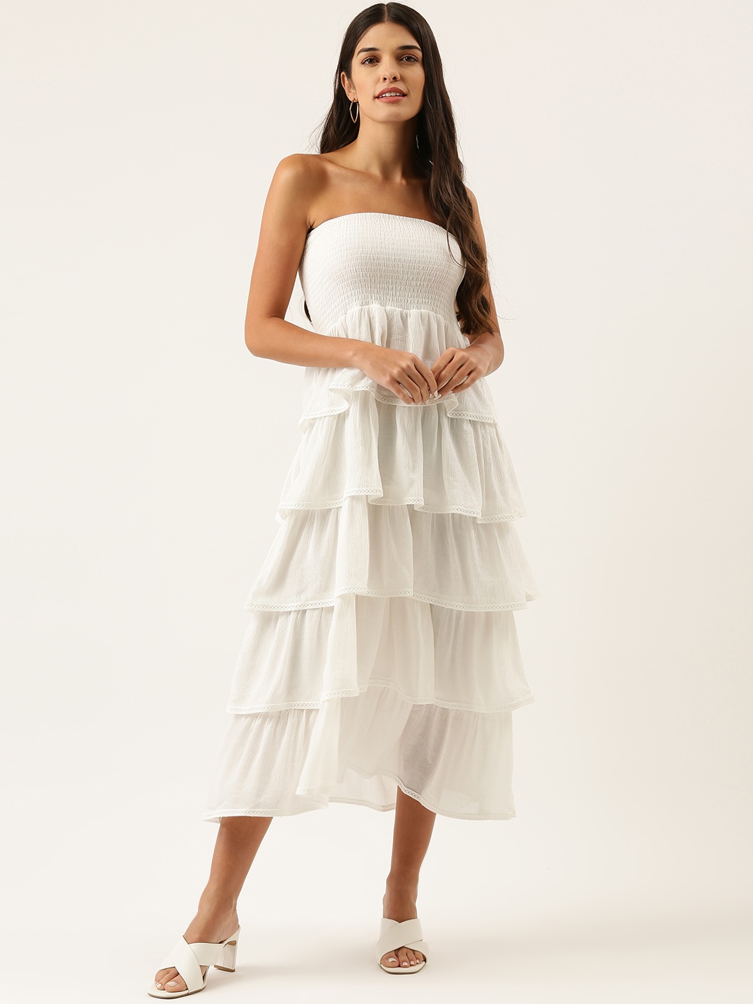 

FOREVER 21 White Solid Off-Shoulder Tiered Dress