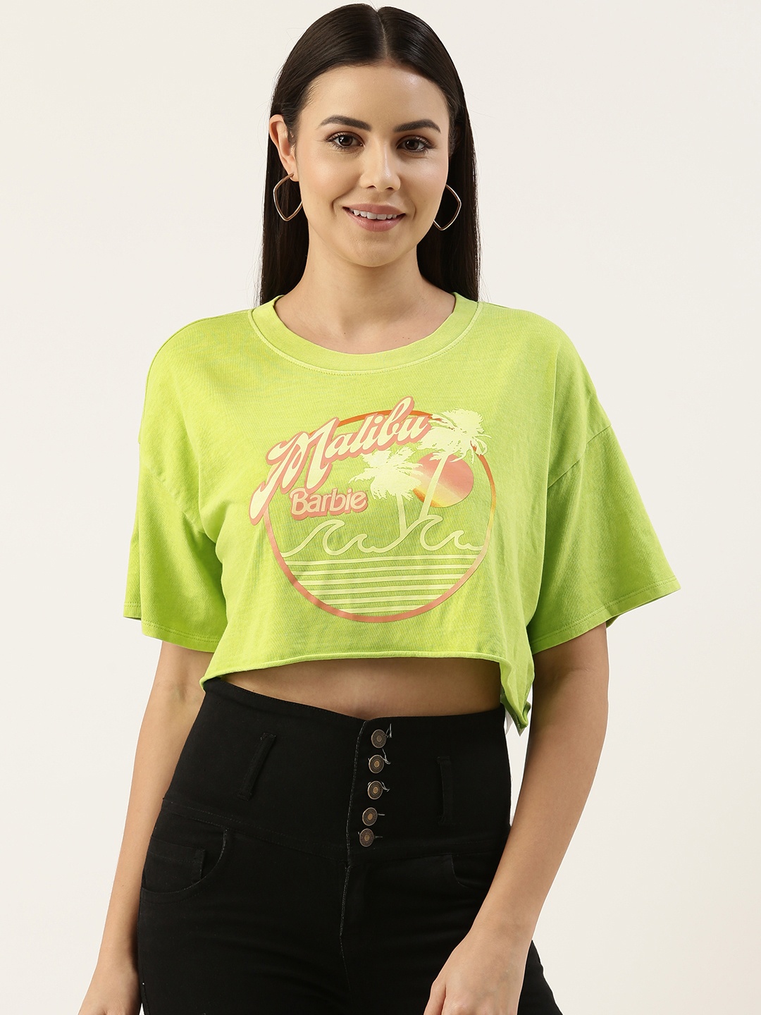 

FOREVER 21 Women Green Graphic Print Casual Crop Top