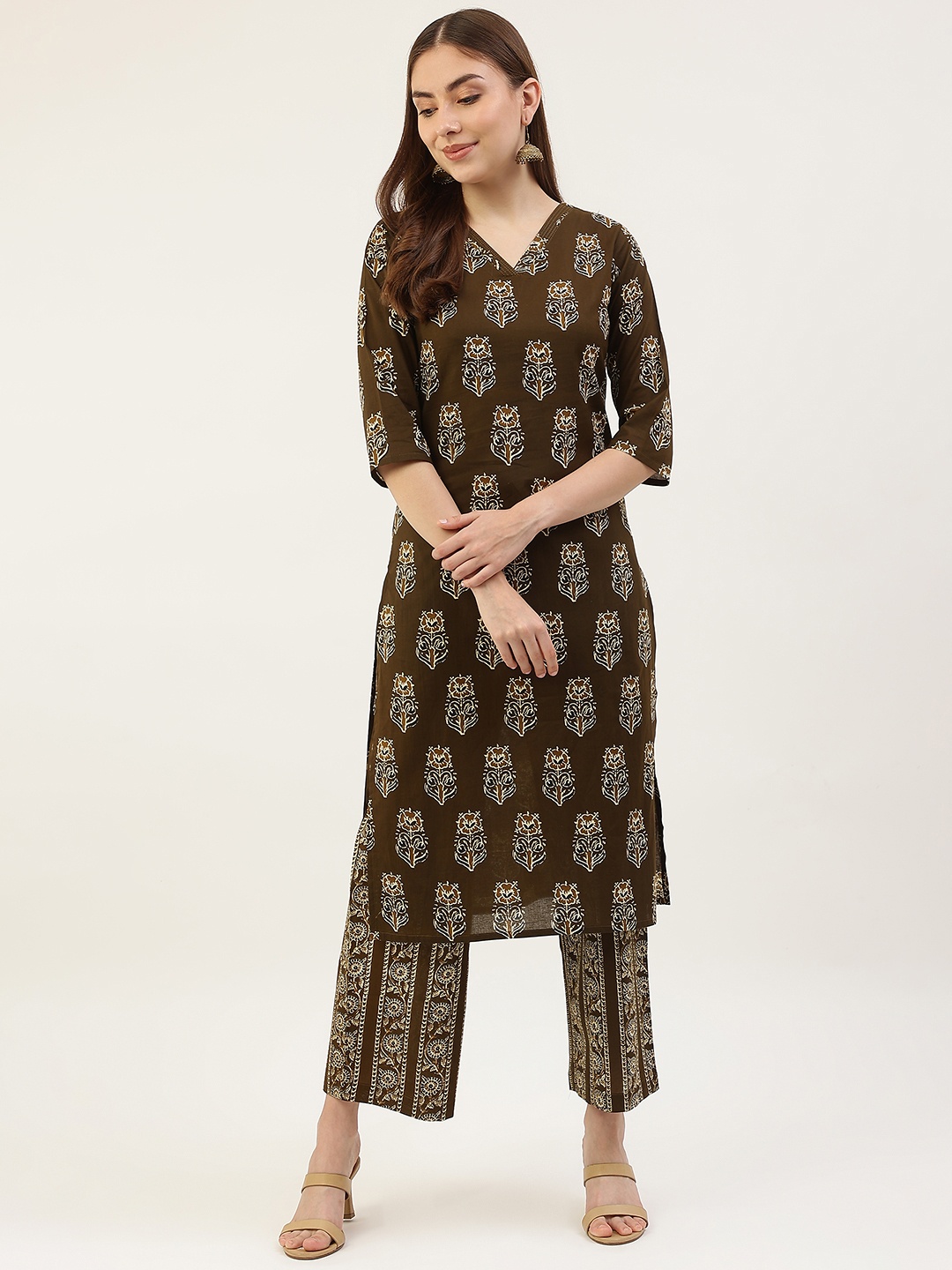 

FIORRA Women Brown Floral Printed Pure Cotton Kurti with Trousers