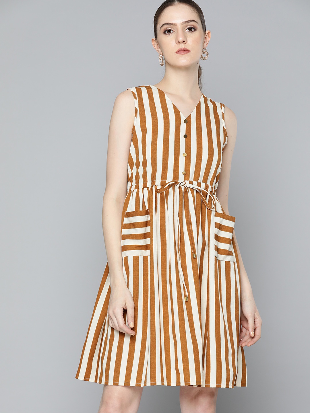 

Chemistry Rust Brown & Cream-Coloured Striped A-Line Dress