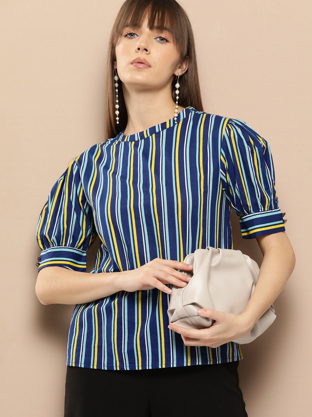 

Chemistry Vertically Striped Puff Sleeves Pure Cotton Top, Blue