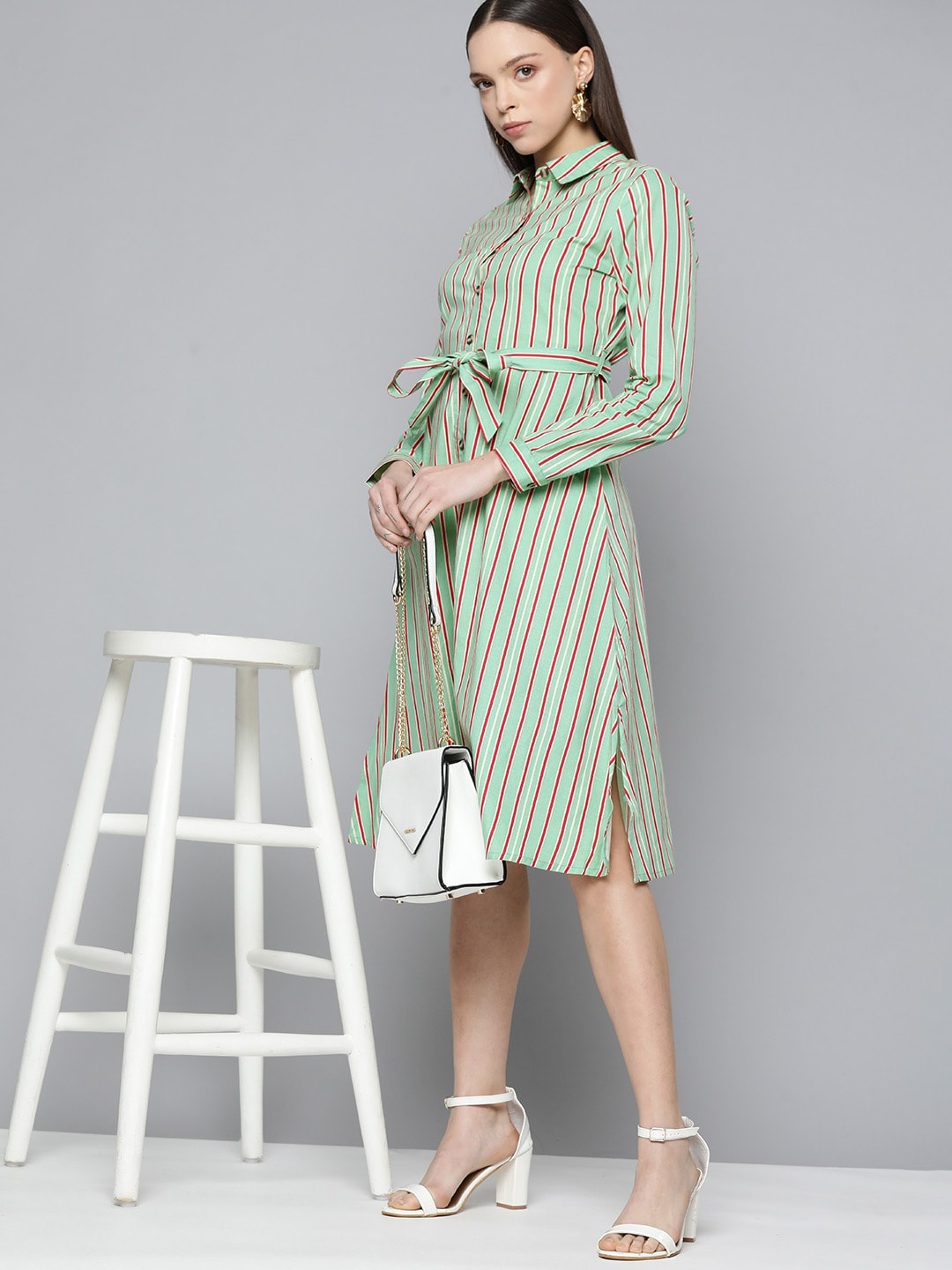 

Chemistry Cotton Striped Shirt Dress With Belt, Green