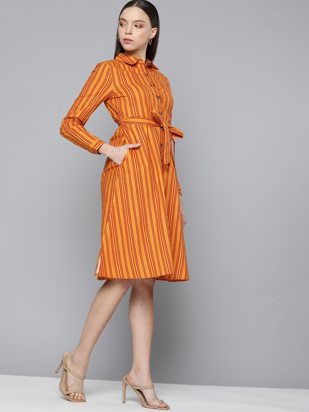 

Chemistry Cotton Striped Shirt Dress With Belt, Mustard