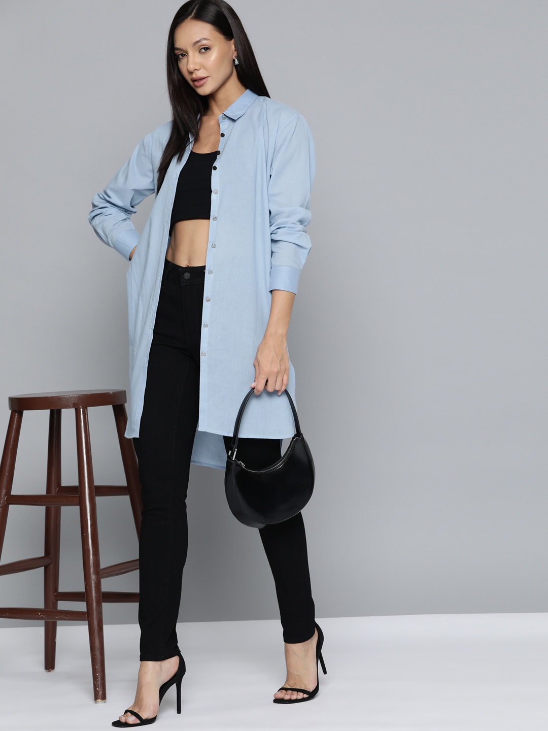 

Chemistry Women Pure Cotton Solid Longline Casual Shirt, Blue