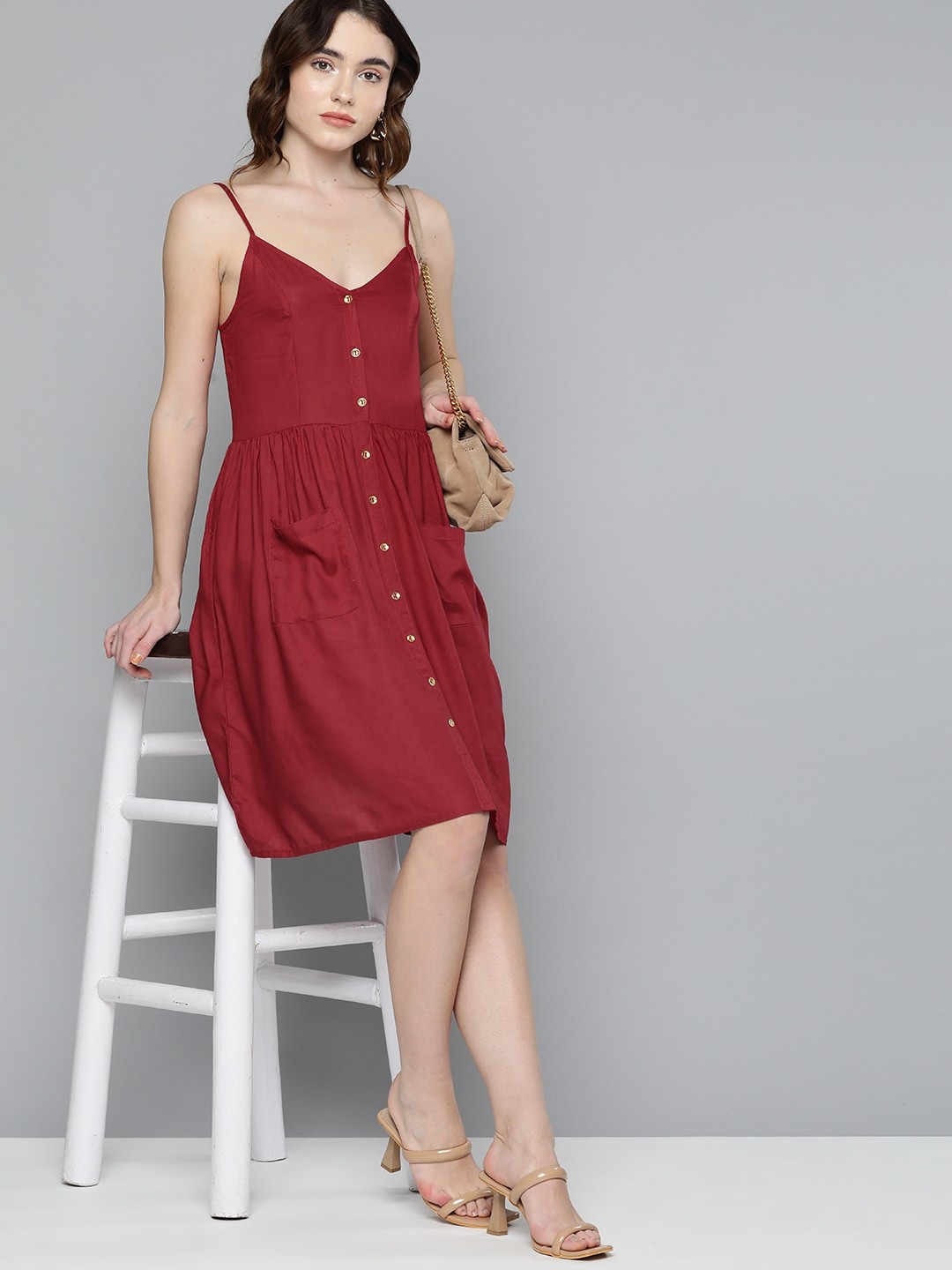 

Chemistry Red Solid Smocked Pocket Detail A-Line Dress