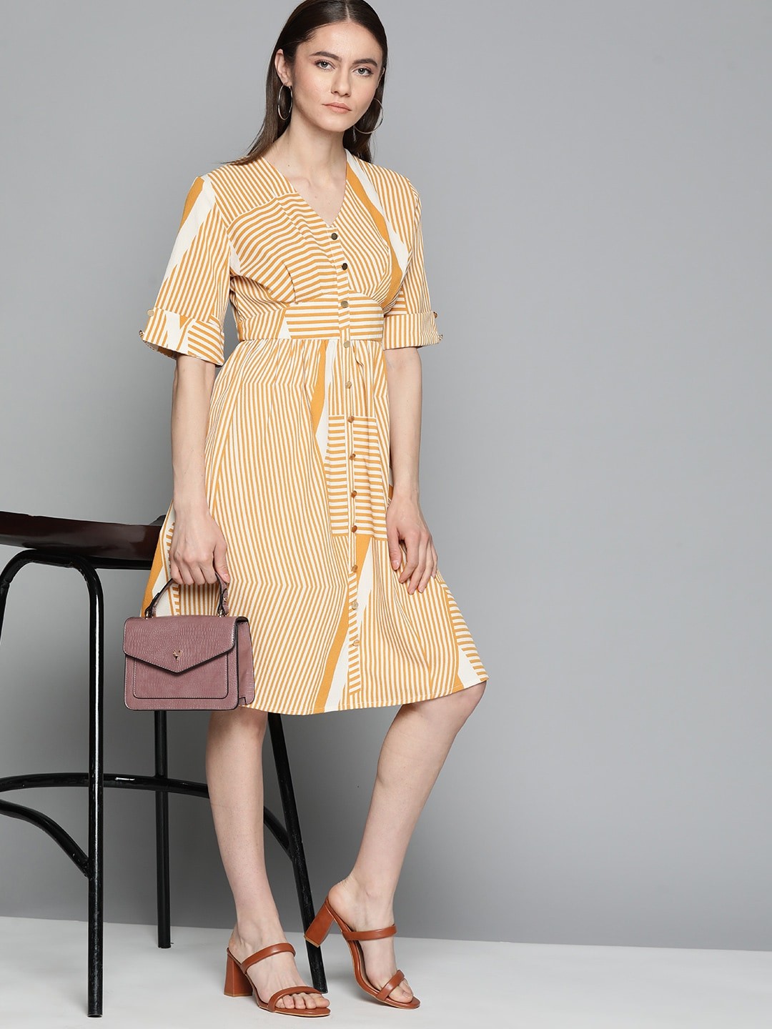 

Chemistry Button Detailed Striped Fit & Flare Dress, Mustard