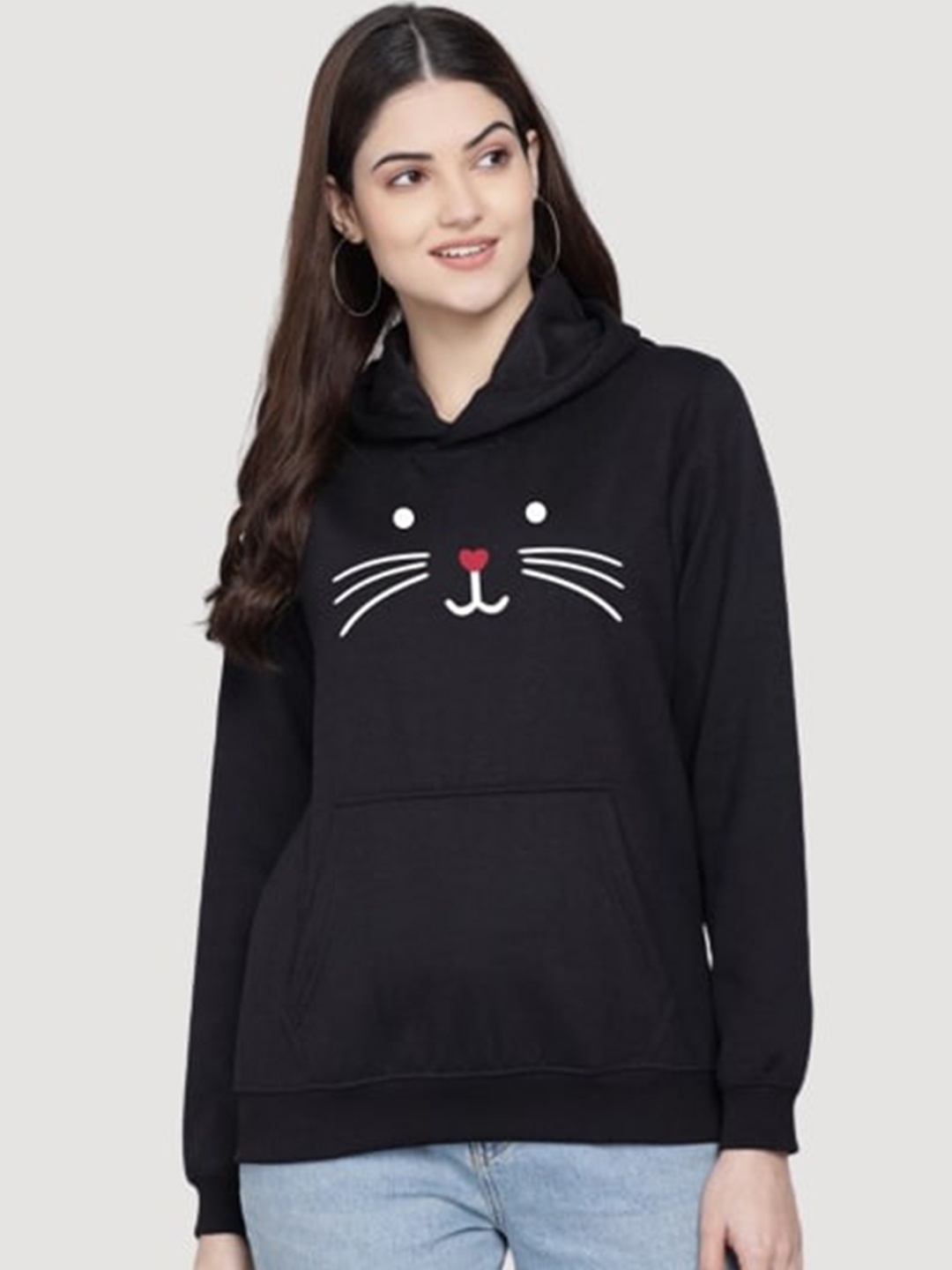 

PockMAN Women Black Printed Hooded Sweatshirt