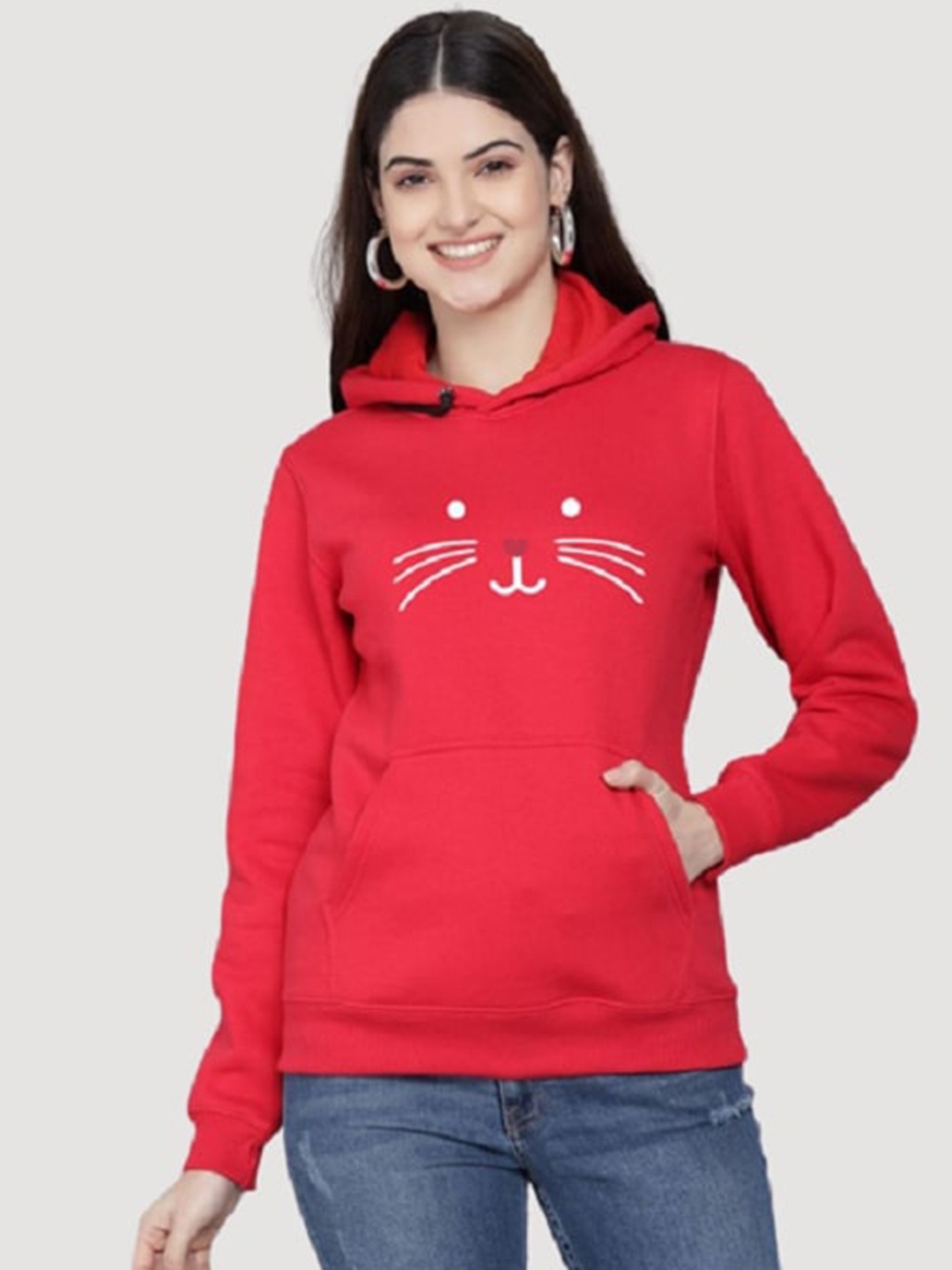 

PockMAN Women Red Printed Hooded Sweatshirt
