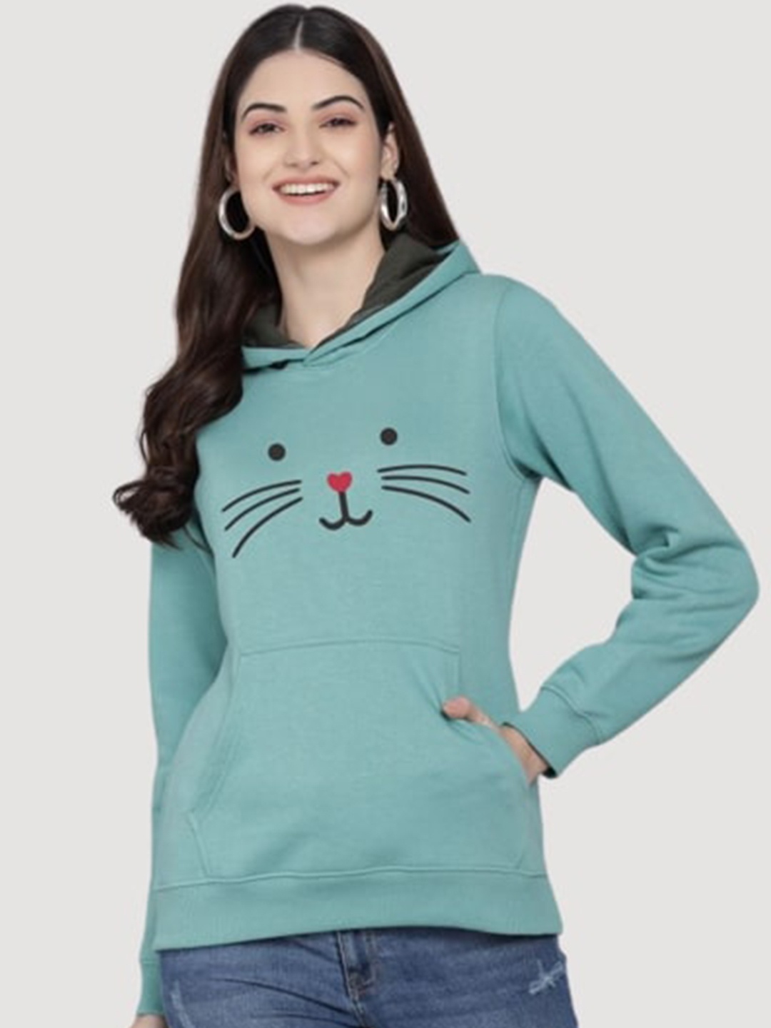 

PockMAN Women Green Hooded Sweatshirt