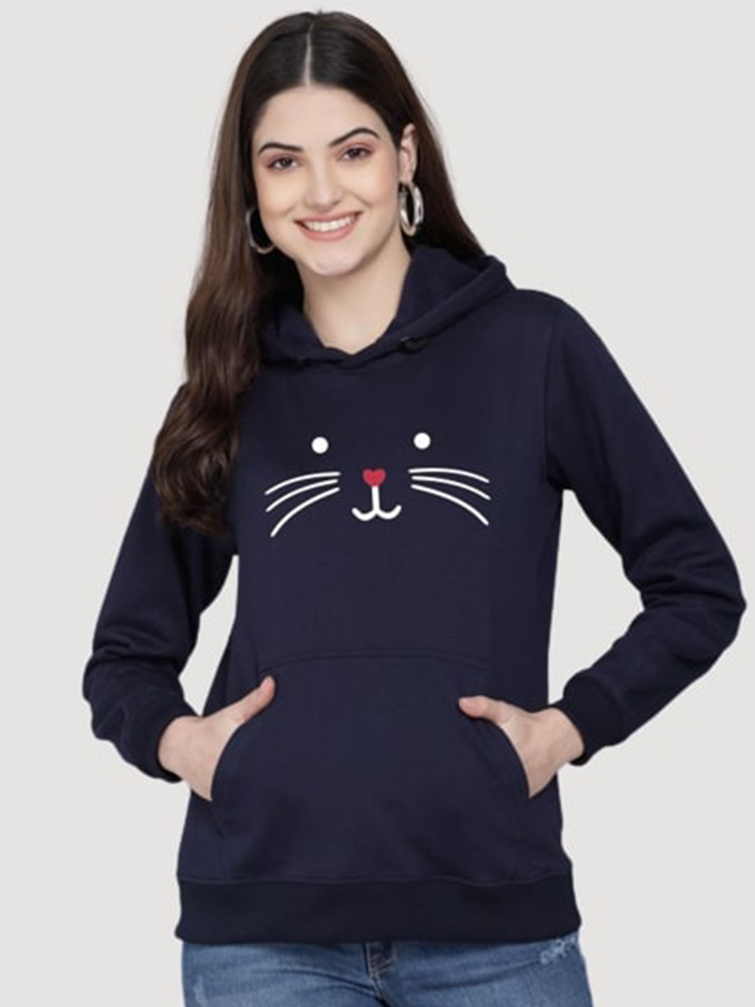 

PockMAN Women Blue Printed Hooded Sweatshirt