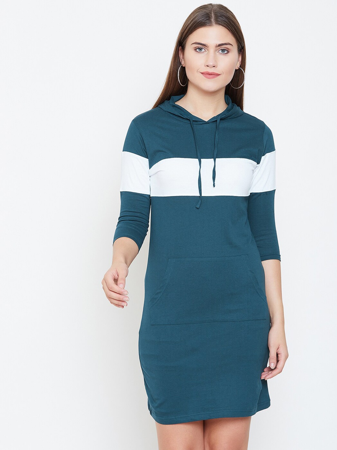 

JHANKHI Green Colourblocked Hooded Sweatshirt Dress