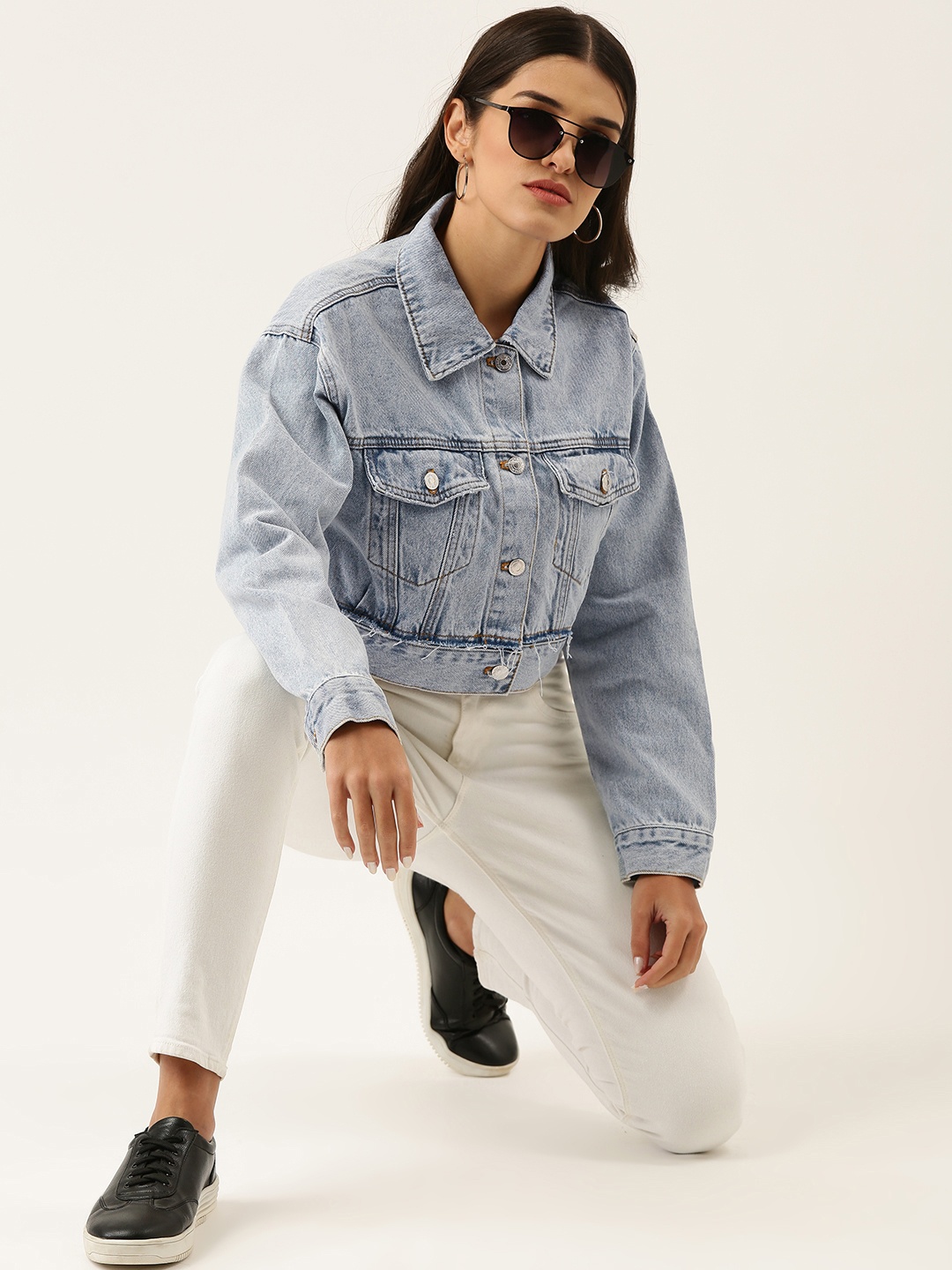 

FOREVER 21 Women Blue Solid Crop Denim Jacket