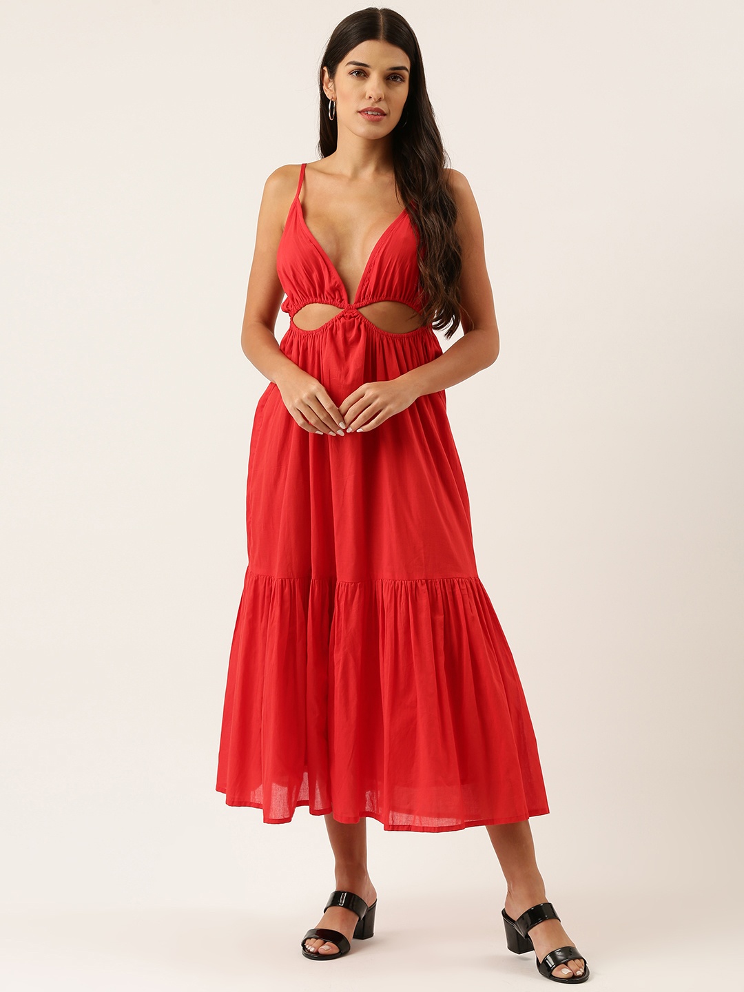 

FOREVER 21 Red Styled Back Tiered Midi Dress