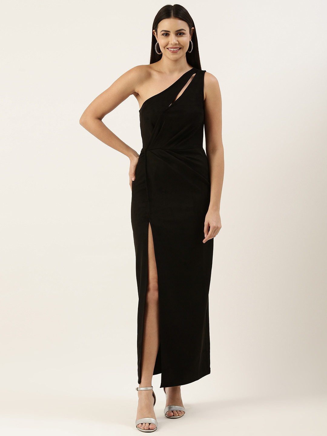 

FOREVER 21 Women Black SOlid One Shoulder A-Line Maxi Dress