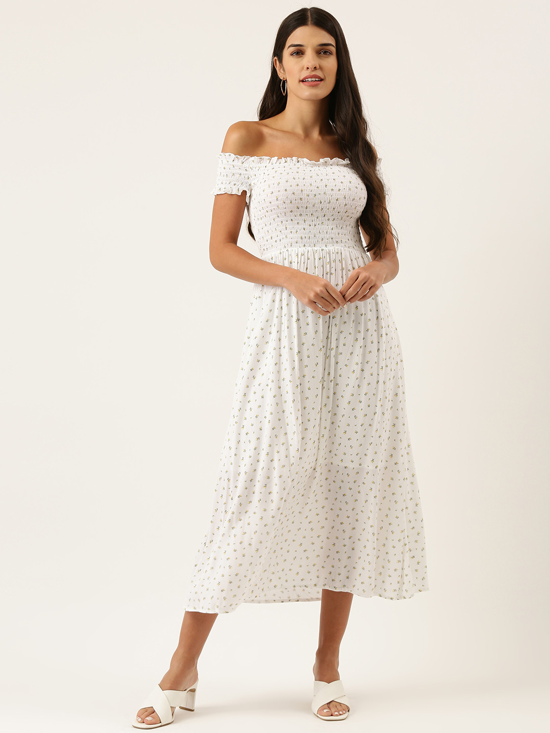 

FOREVER 21 White & Yellow Floral Smocked Off-Shoulder Midi Dress