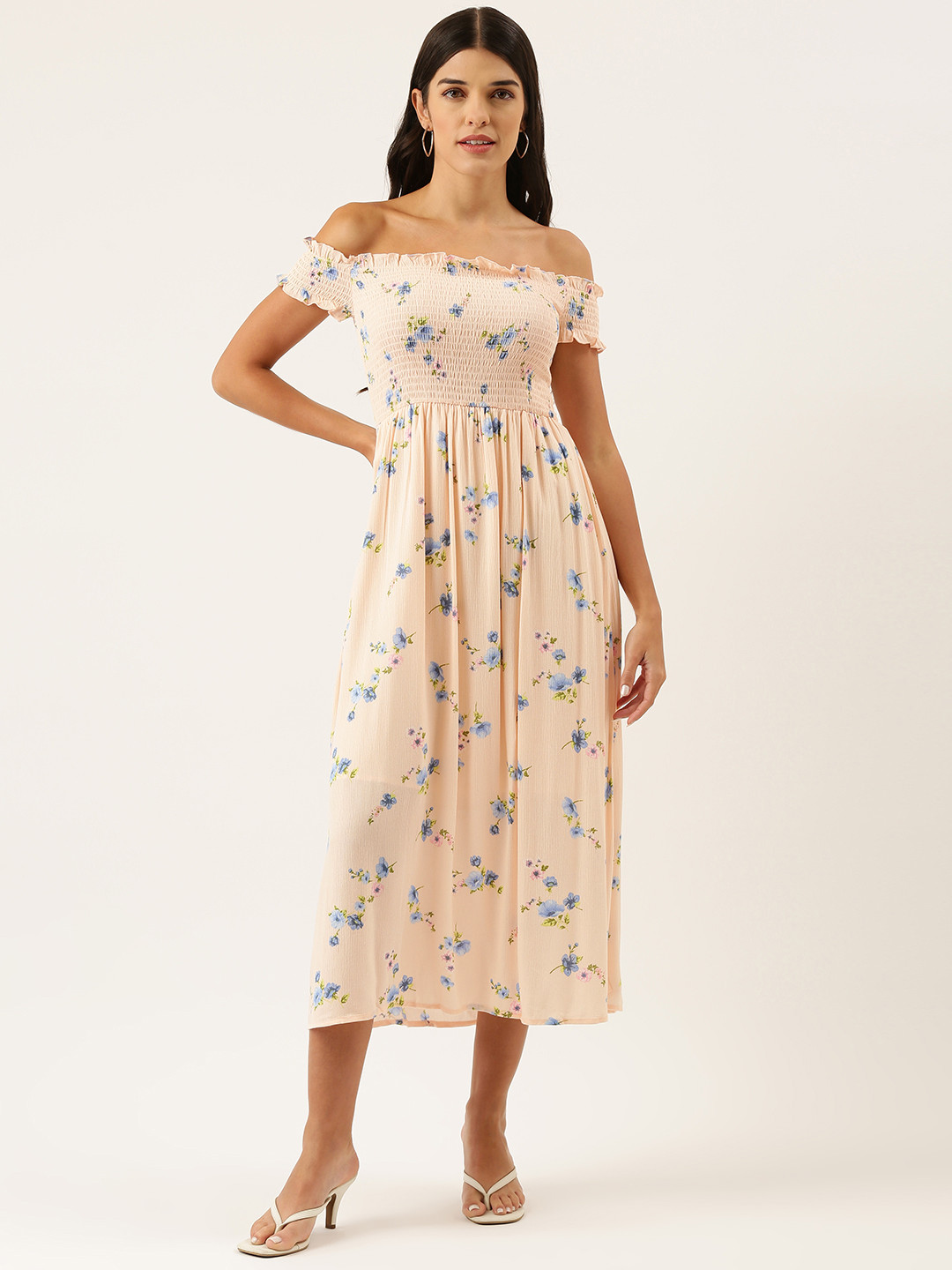 

FOREVER 21 Peach-Coloured & Blue Floral Off-Shoulder Midi Dress
