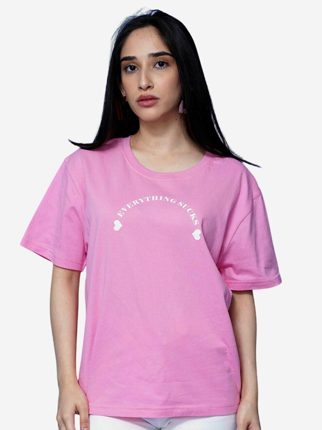 

Alaya By Stage3 Women Pink Typography V-Neck Applique Loose T-shirt