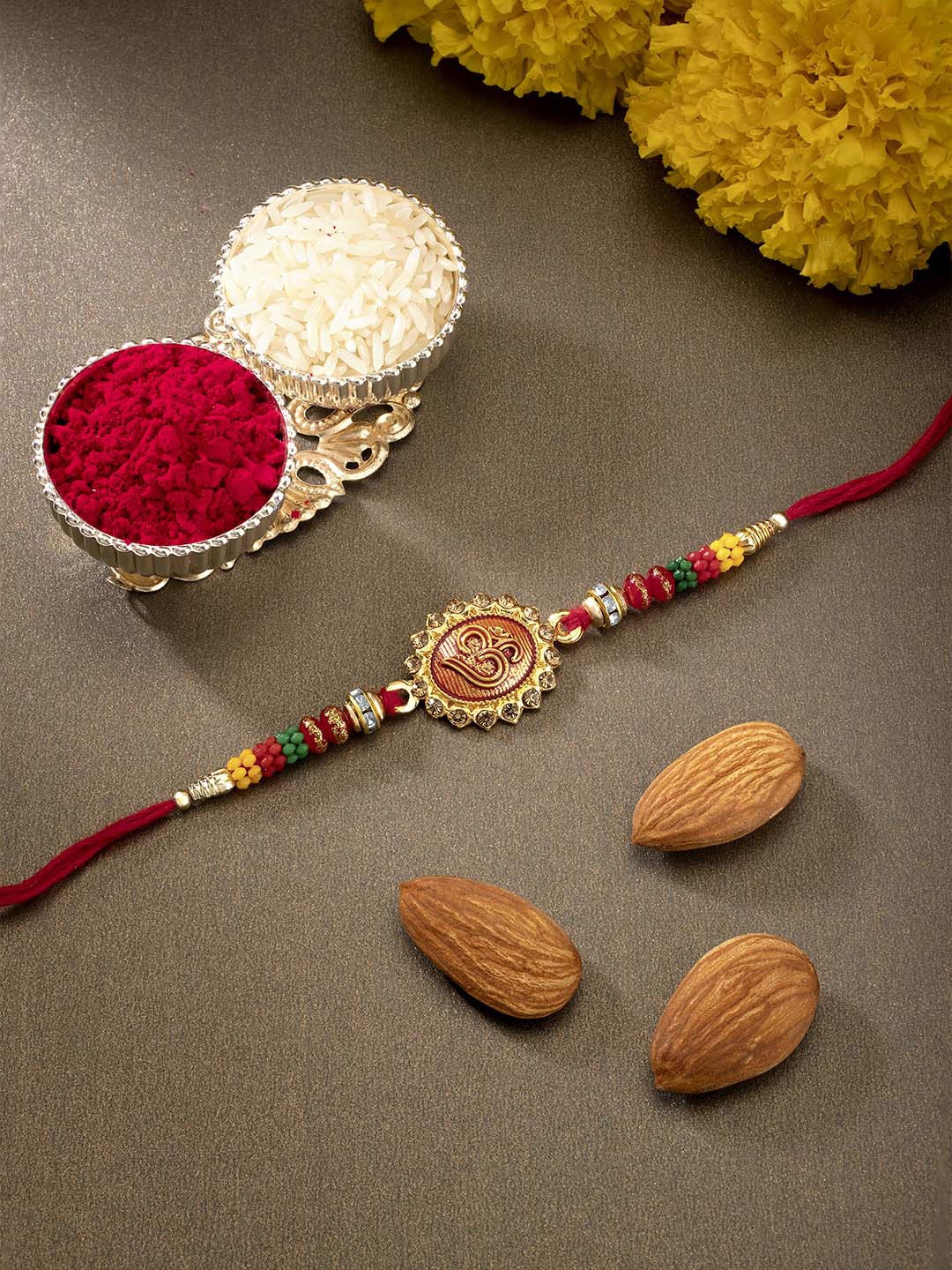 

Peora Men Multi-Colored Kundan Studded Rakhi With Roli & Chawal