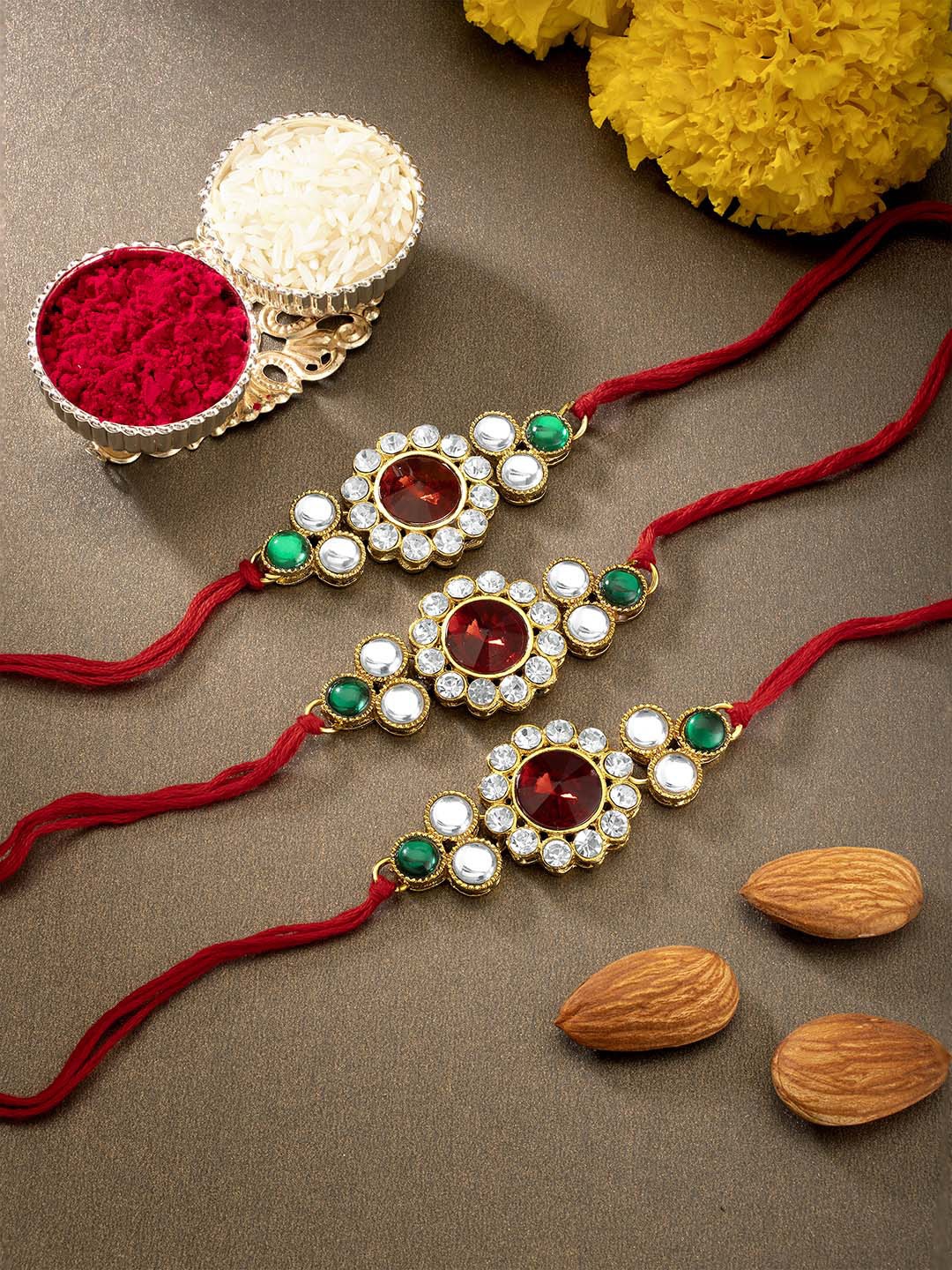 

Peora Set of 2 Handmade Kundan Rakhi with Raksha Bandhan Greeting Card & Roli Chawal, Multi