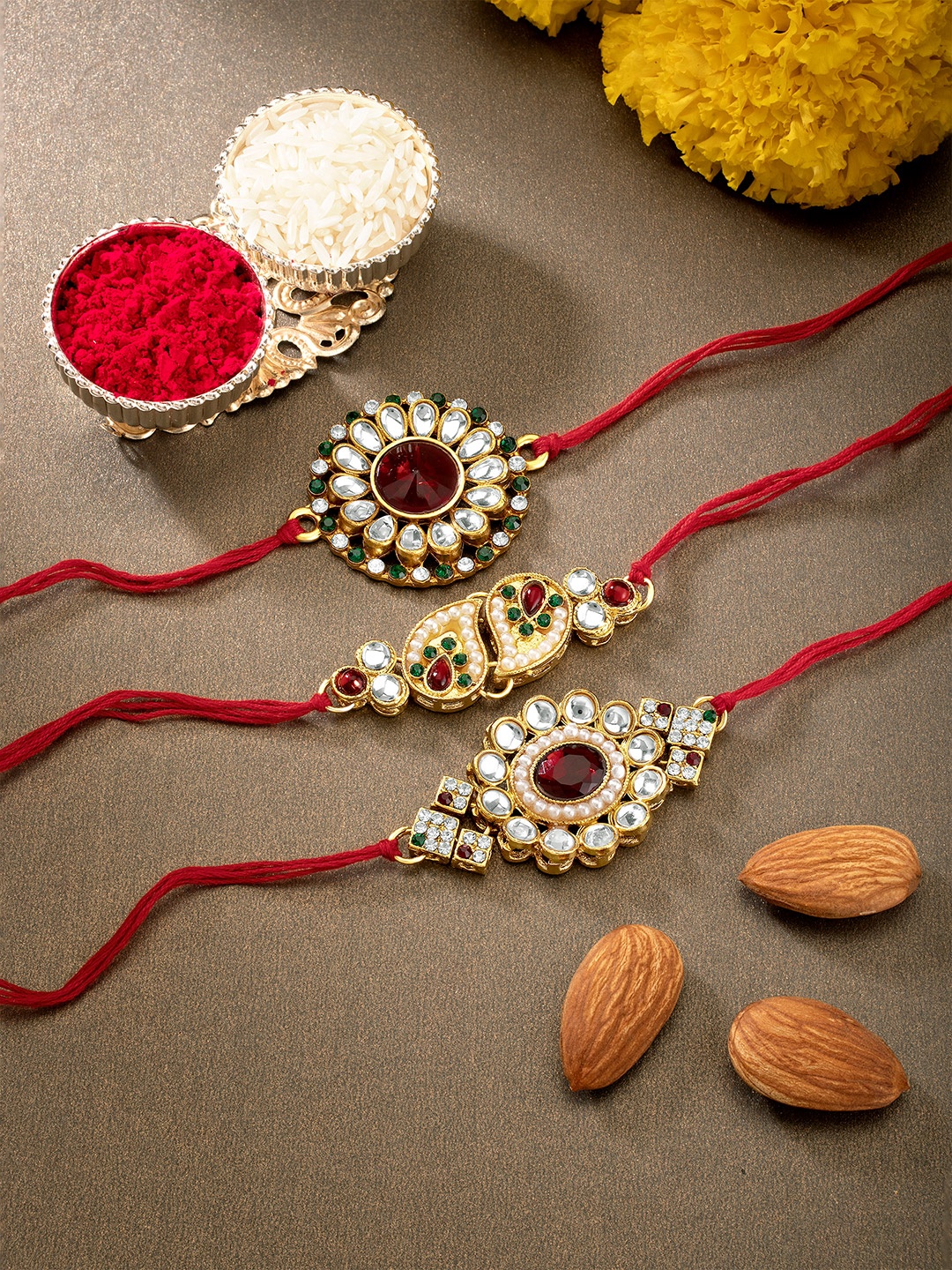 

Peora Set Of 3 Red Kundan StuddedRaksha Bandhan Rakhi with Chawal Roli Greeting Card