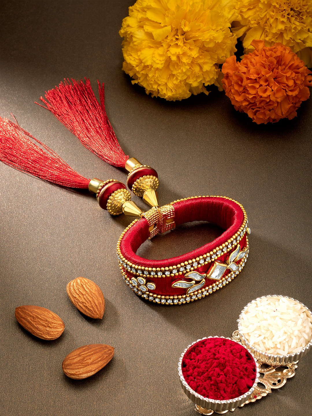 

Peora unisex Red Bangle Style Kundan Studded Rakhi