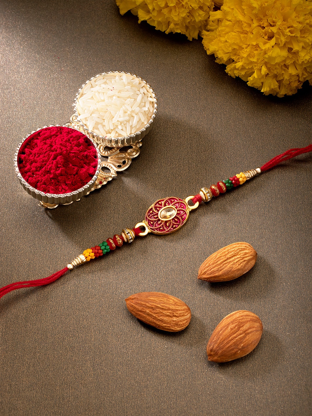 

Peora Men Red Beaded Rakhi with Chawal Roli Greeting Card