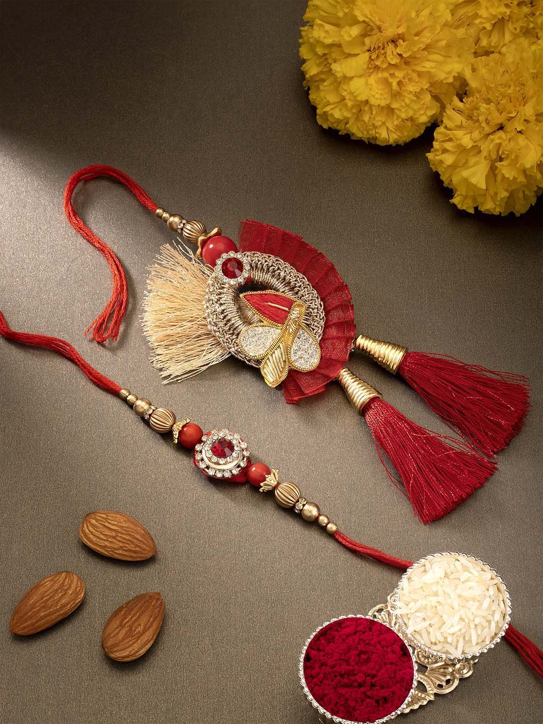 

Peora Set Of 2 Stone-Studded Bhaiya & Bhabhi Rakhi with Roli Chawal & Greeting Card, Red