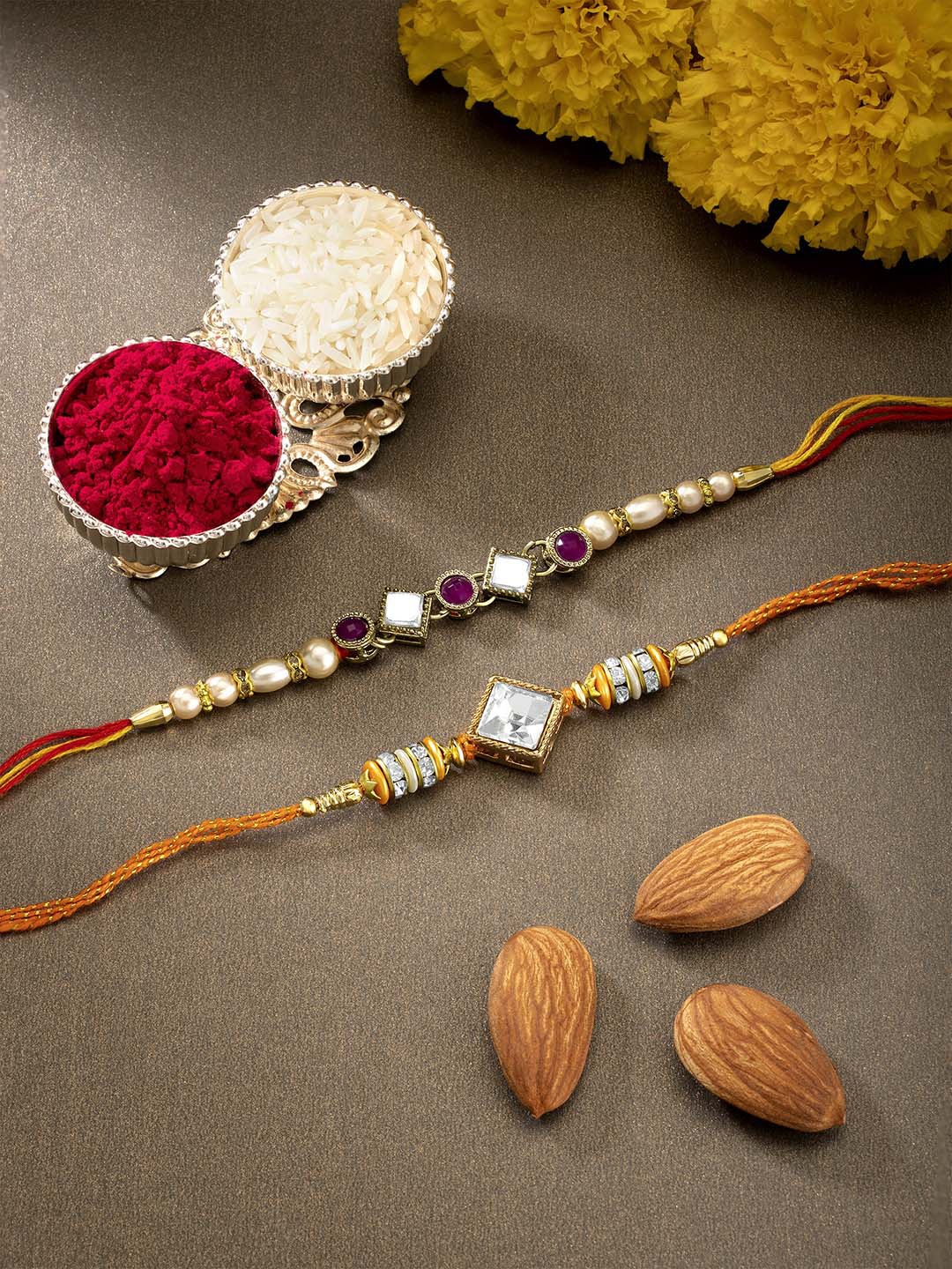 

Peora Set of 2 Stone Studded Rakhi with Chawal Roli & Greeting Card, Gold