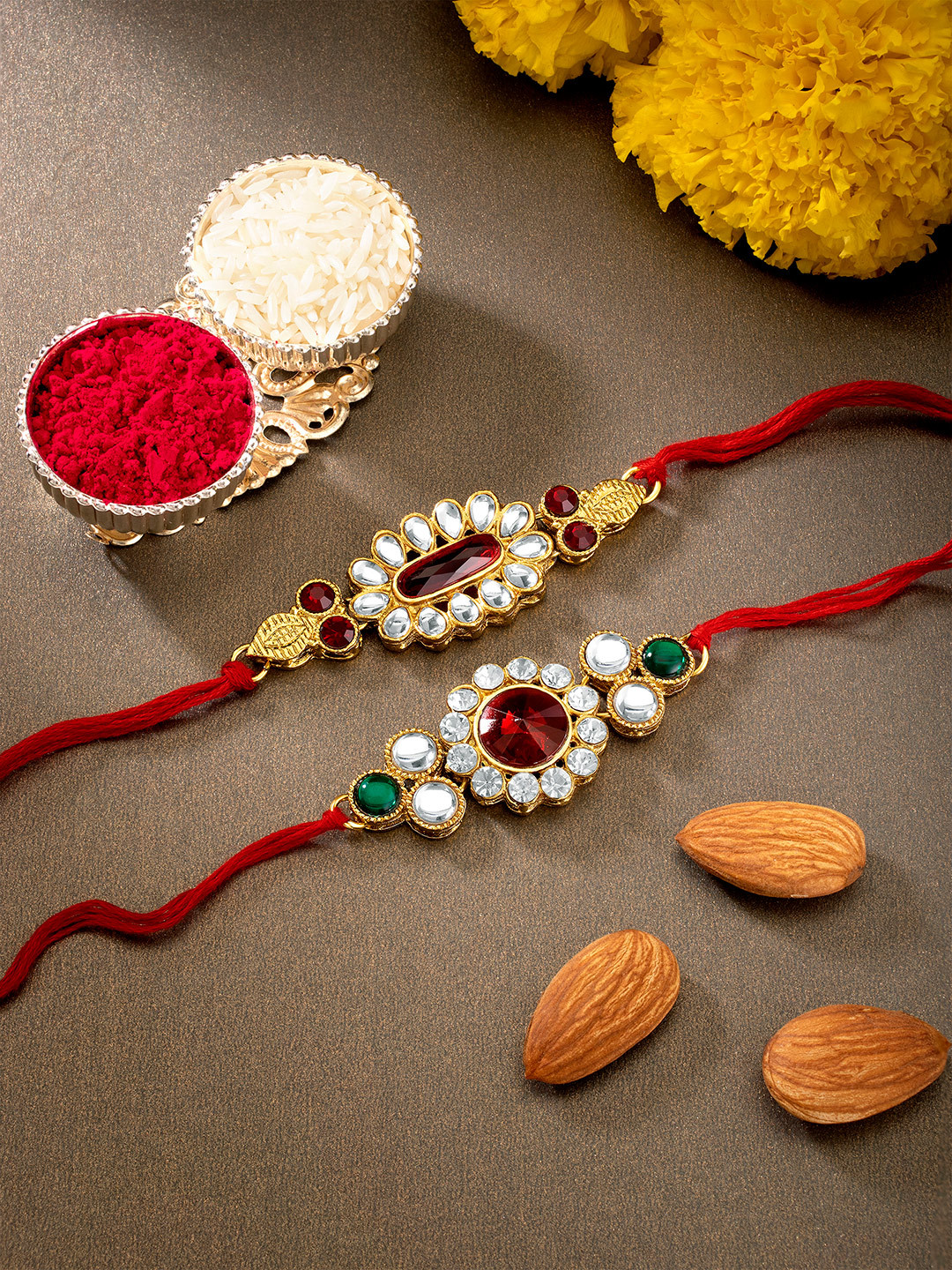 

Peora Set of 2 Kundan Studded Thread Rakhi With Chawal Roli & Greeting Card, Red
