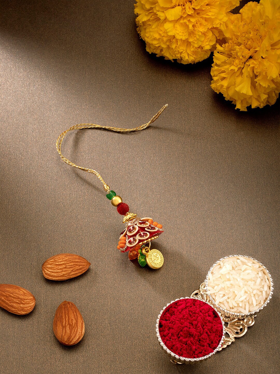 

Peora Red & Orange Stone-Studded Lumba Dangling Rakhi