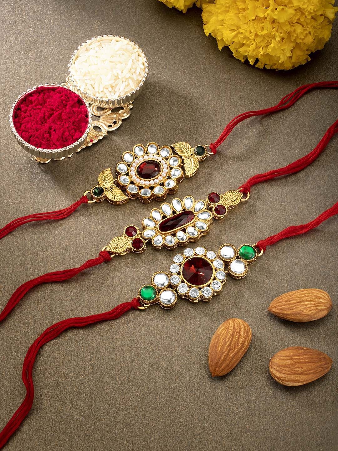 

Peora Men Set of 3 Kundan Beaded Rakhi with Greeting Card, Multi