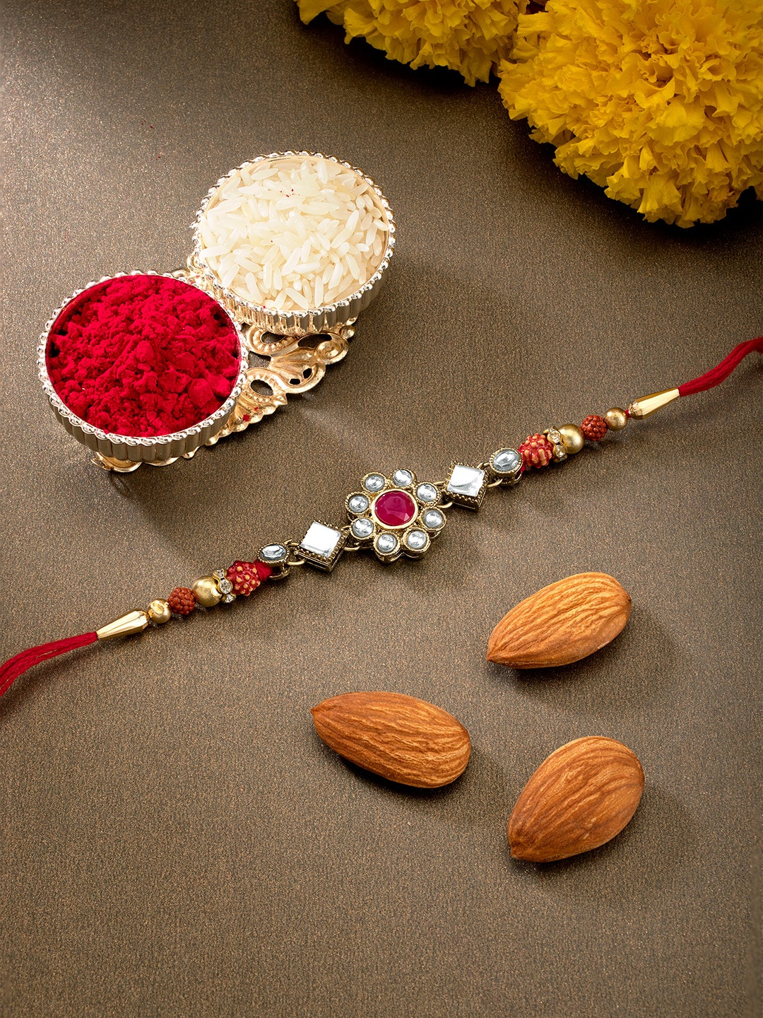 

Peora Red Set Of 2 Kundan Beads Raksha Bandhan Rakhi with Chawal Roli Greeting Card